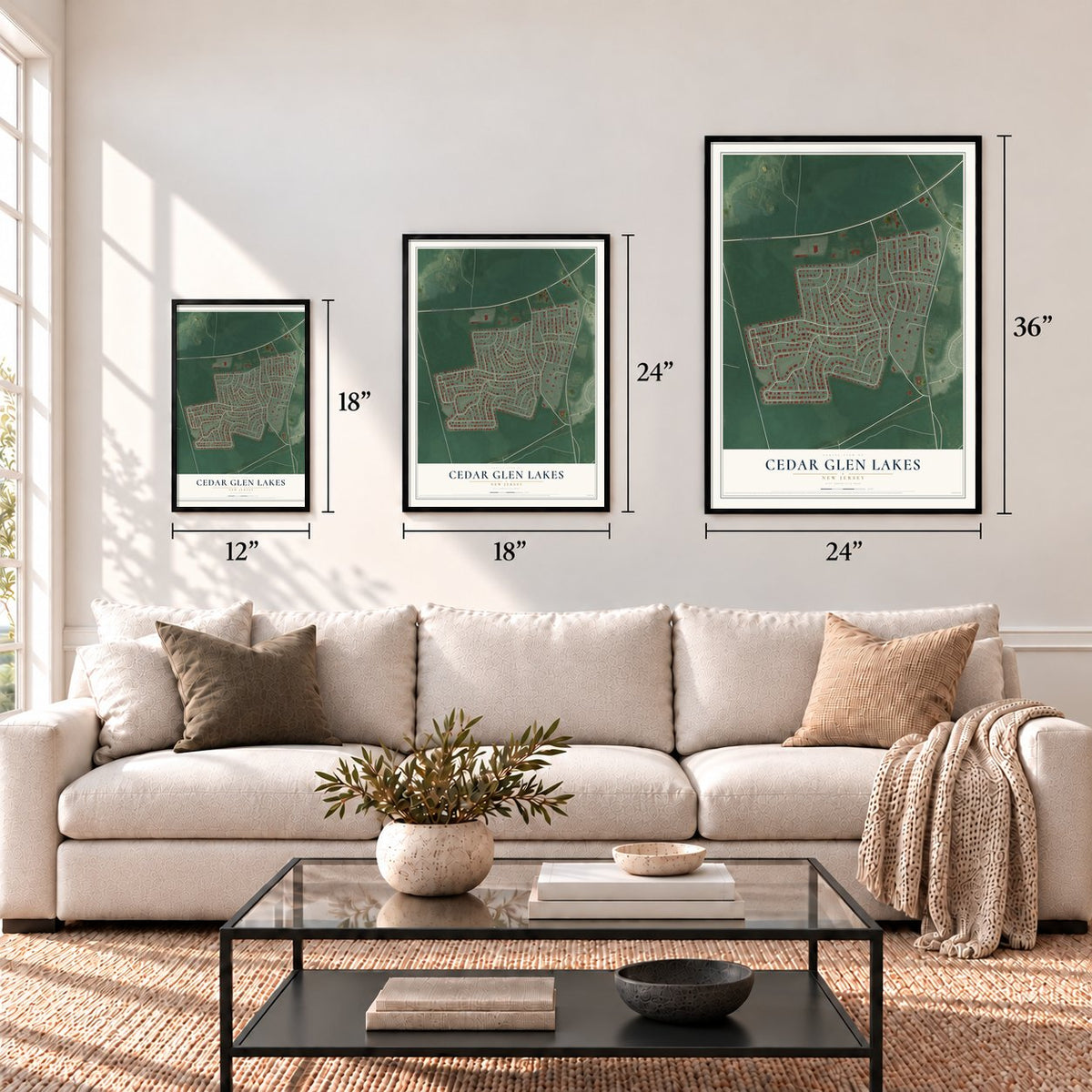 Cedar Glen Lakes, New Jersey map in 12 x 18, 18 x 24 and 24 x 36 inch sizes above a sofa