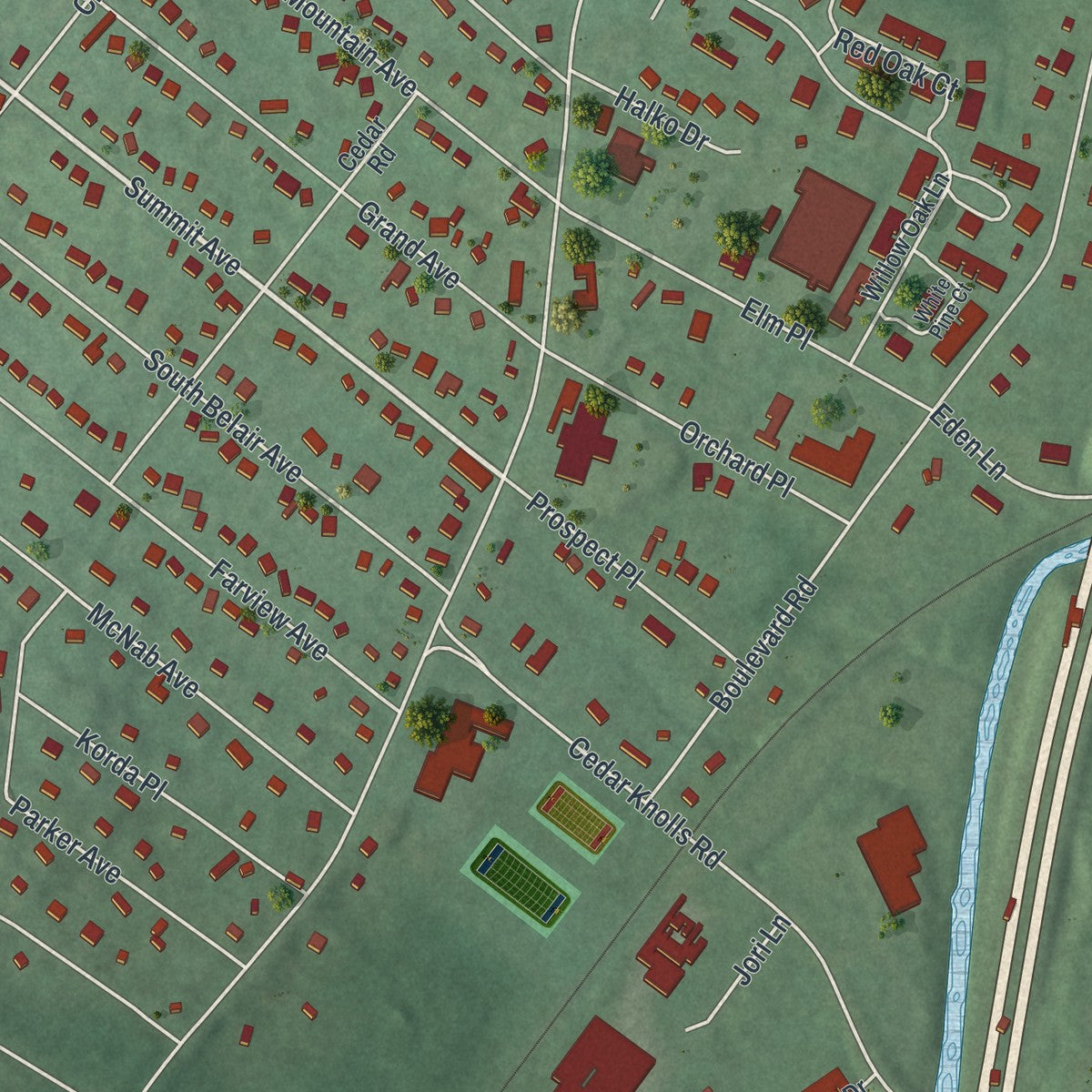 Close-up of the map of Cedar Knolls, New Jersey print showing street and building detail