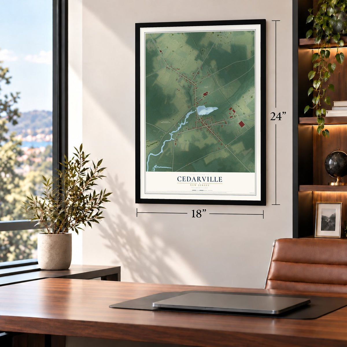 Cedarville, New Jersey map, 18 x 24 inch print in a black frame in a home office