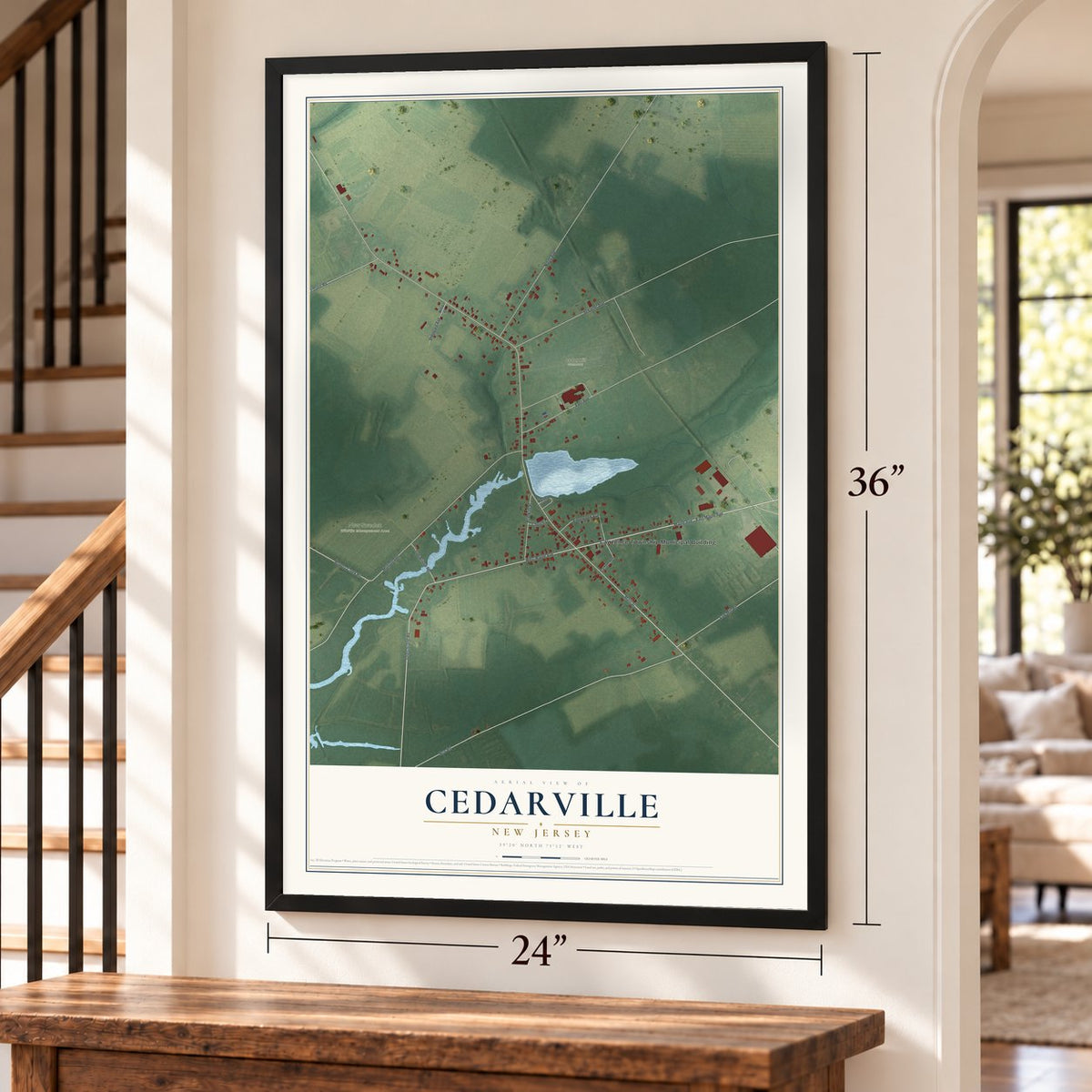 Cedarville, New Jersey map, 24 x 36 inch print in a black frame by a staircase