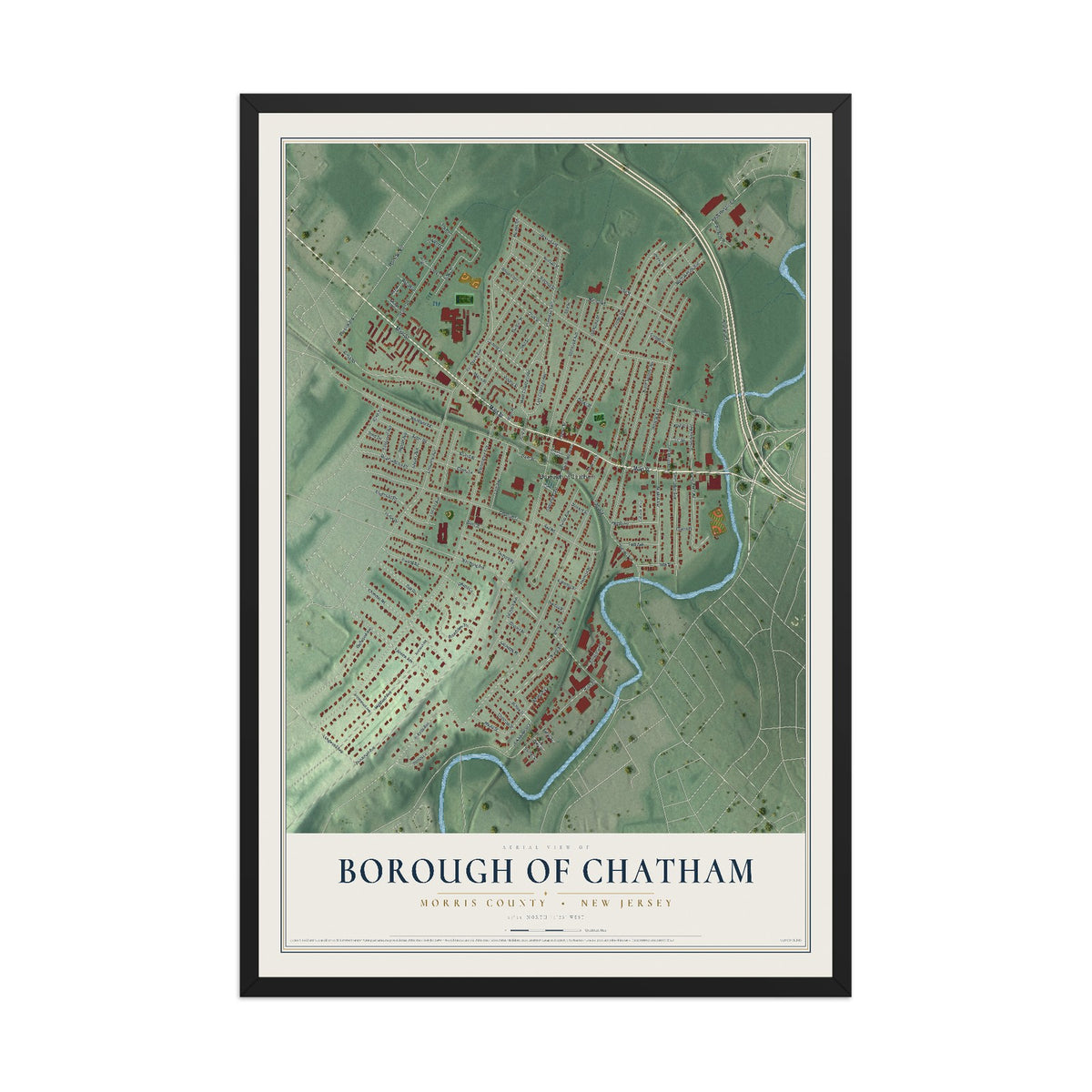 Borough of Chatham, New Jersey map print, 12" x 18" W/ Black Ayous Wood Frame mockup