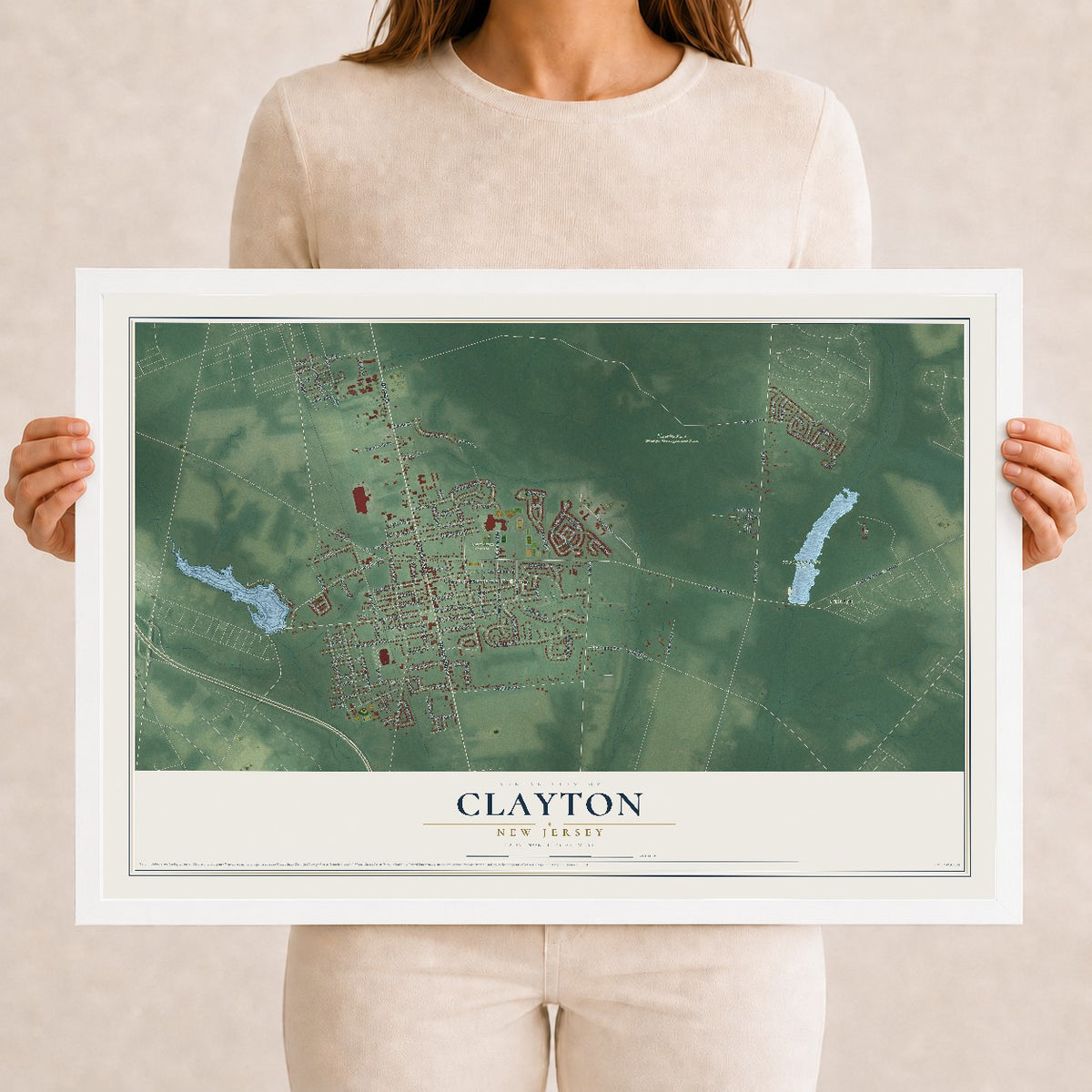 Clayton, New Jersey map print, 12" x 18" W/ White Ayous Wood Frame mockup