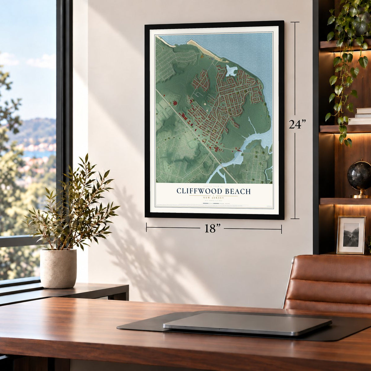Cliffwood Beach, New Jersey map, 18 x 24 inch print in a black frame in a home office