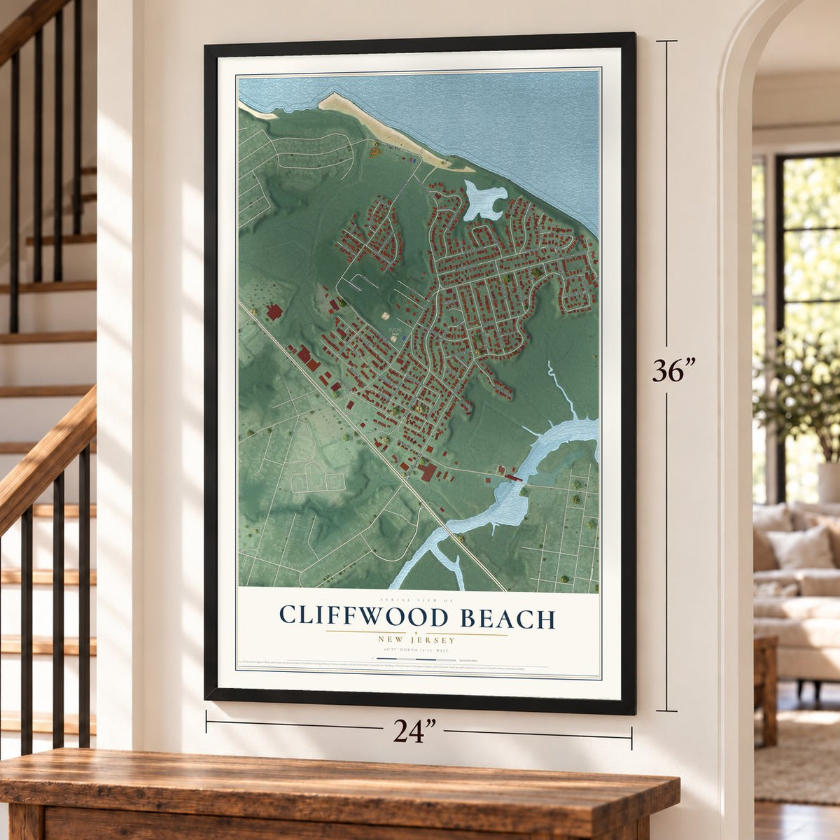 Cliffwood Beach, New Jersey map, 24 x 36 inch print in a black frame by a staircase