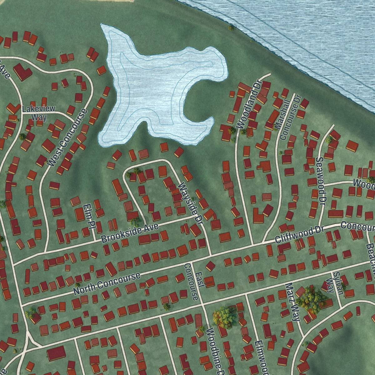 Close-up of the map of Cliffwood Beach, New Jersey print showing street and building detail