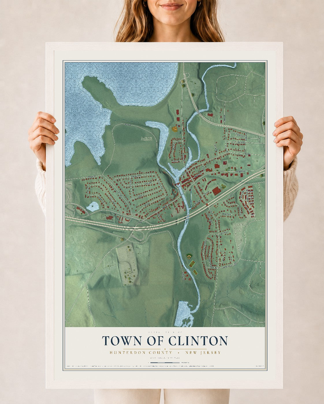 Town of Clinton, New Jersey map print, 24" x 36" W/ White Ayous Wood Frame mockup