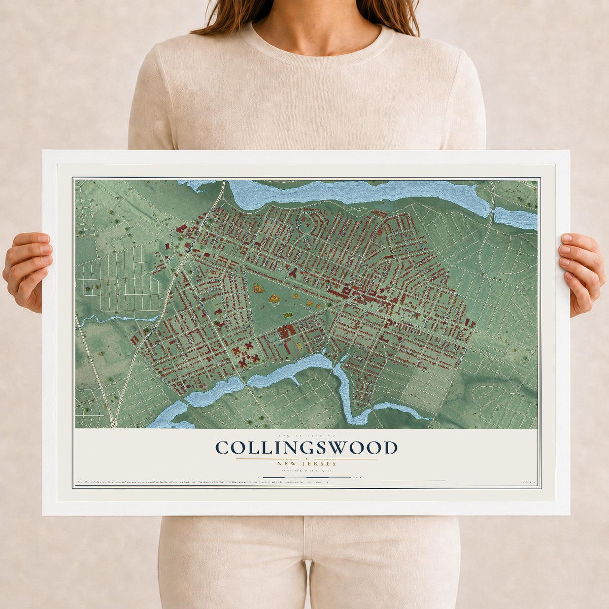 Collingswood, New Jersey map print, 12" x 18" W/ White Ayous Wood Frame mockup