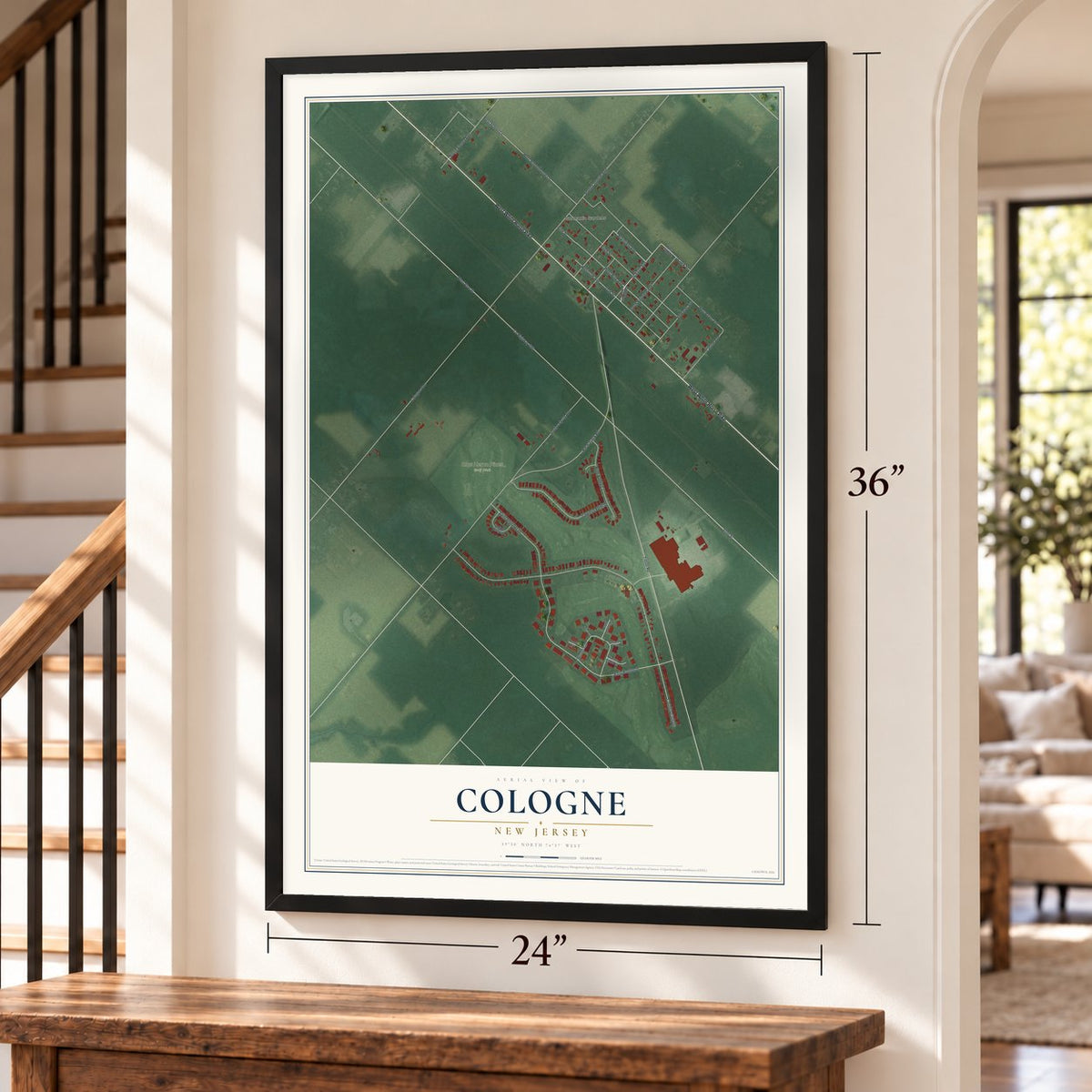 Cologne, New Jersey map, 24 x 36 inch print in a black frame by a staircase