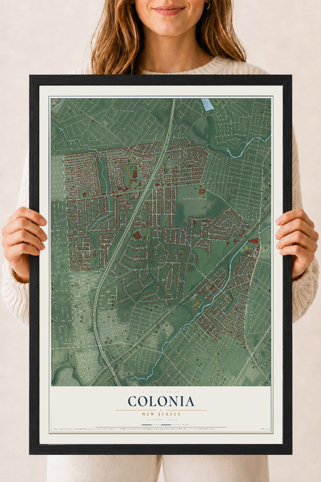 Colonia, New Jersey map print, 18" x 24" W/ Black Ayous Wood Frame mockup