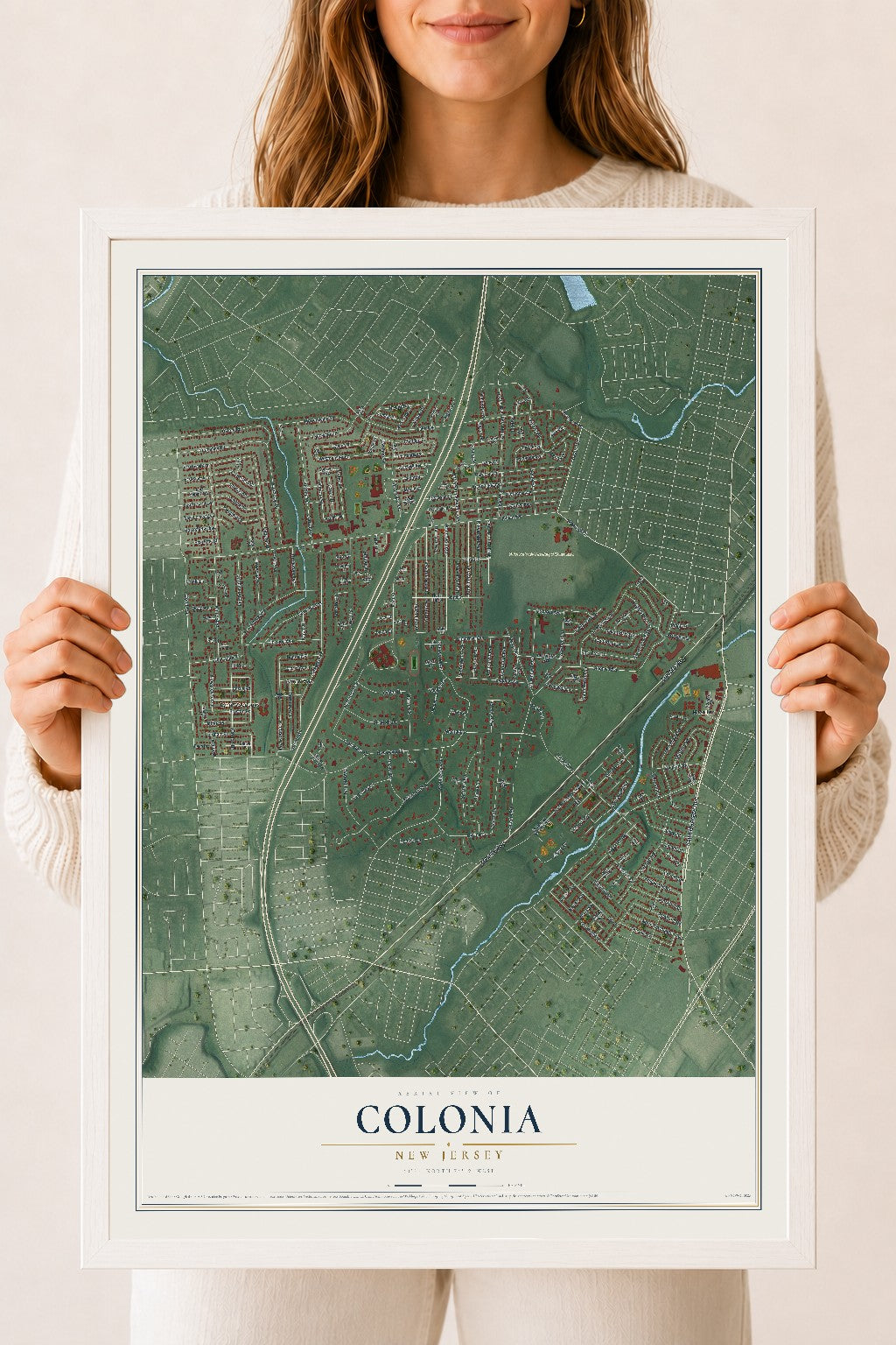 Colonia, New Jersey map print, 18" x 24" W/ White Ayous Wood Frame mockup