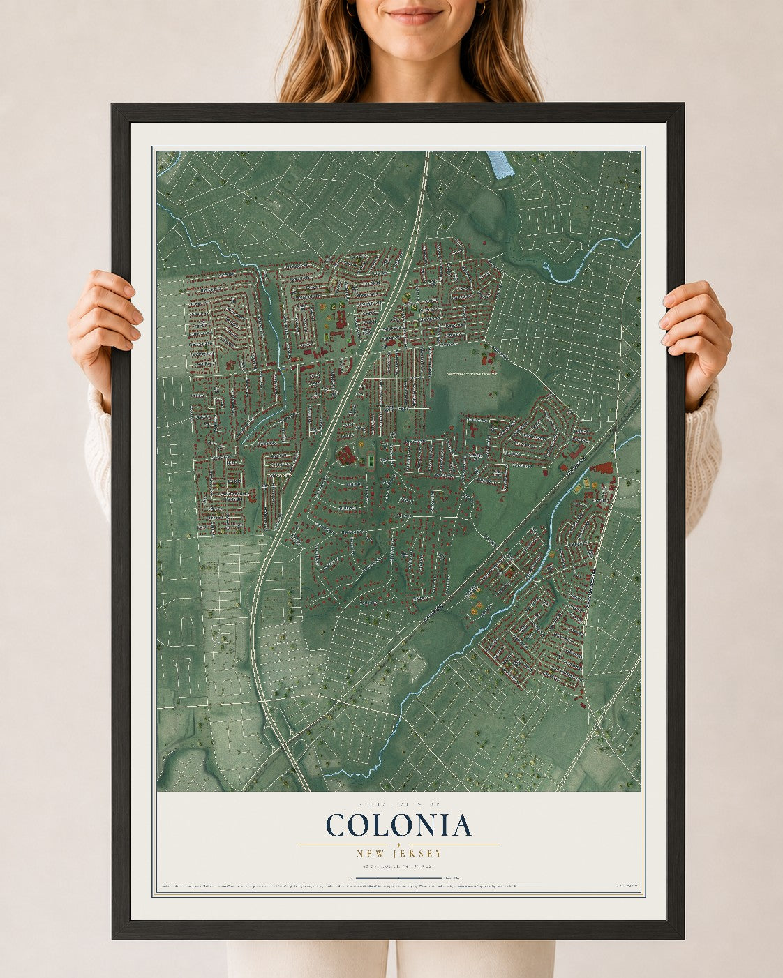 Colonia, New Jersey map print, 24" x 36" W/ Black Ayous Wood Frame mockup