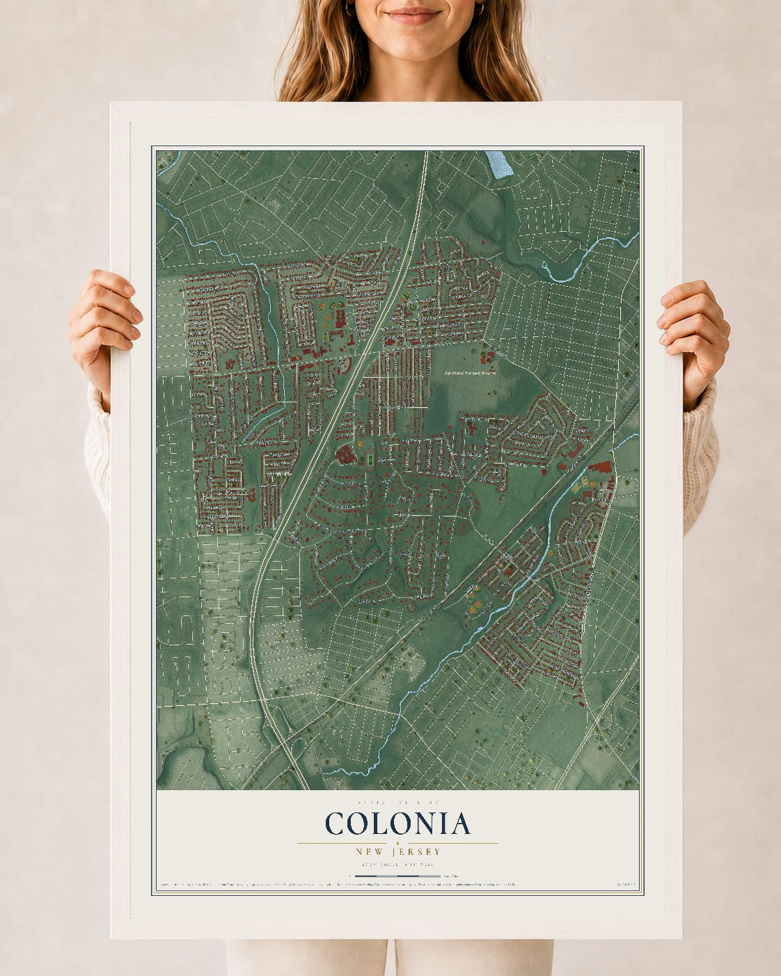 Colonia, New Jersey map print, 24" x 36" W/ White Ayous Wood Frame mockup