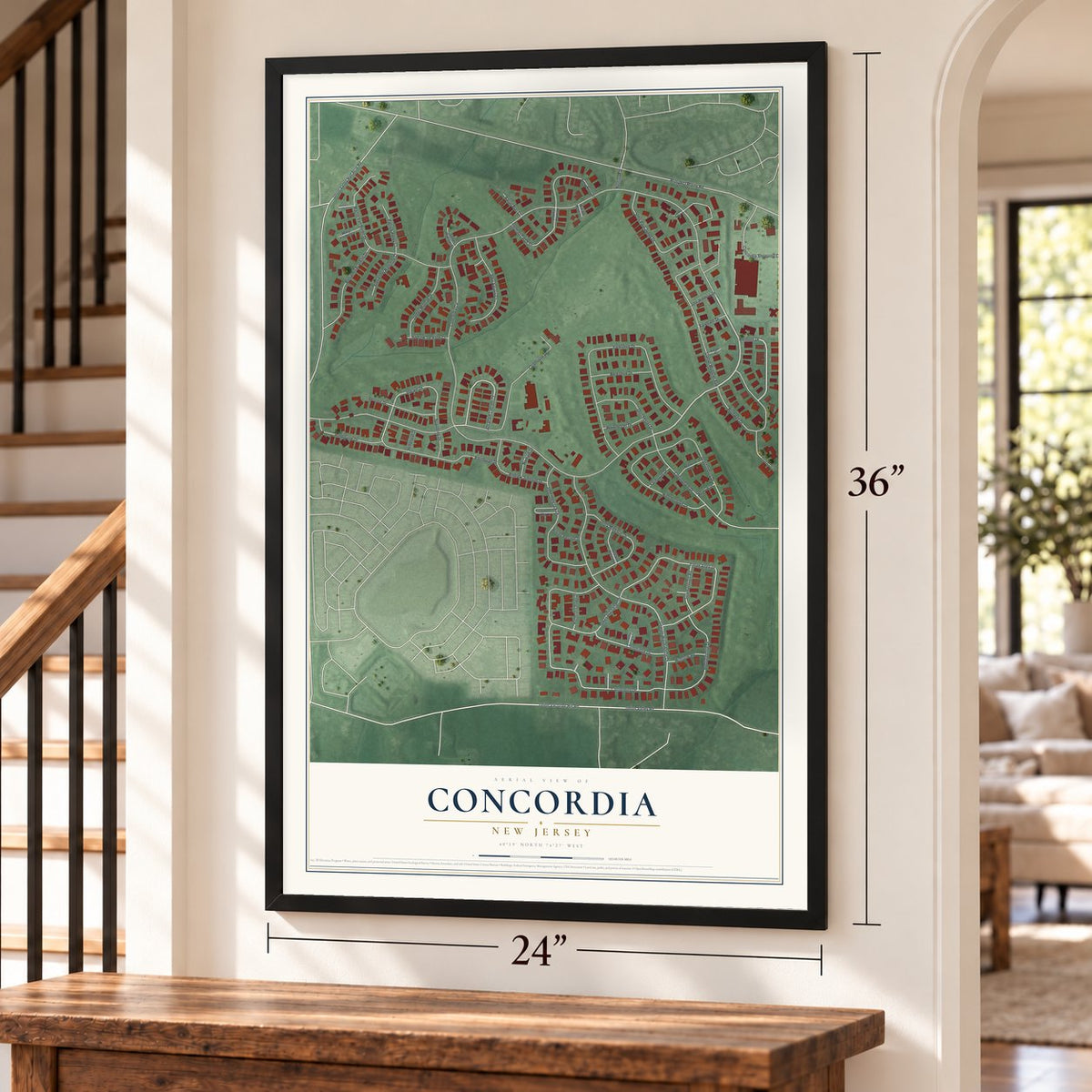 Concordia, New Jersey map, 24 x 36 inch print in a black frame by a staircase