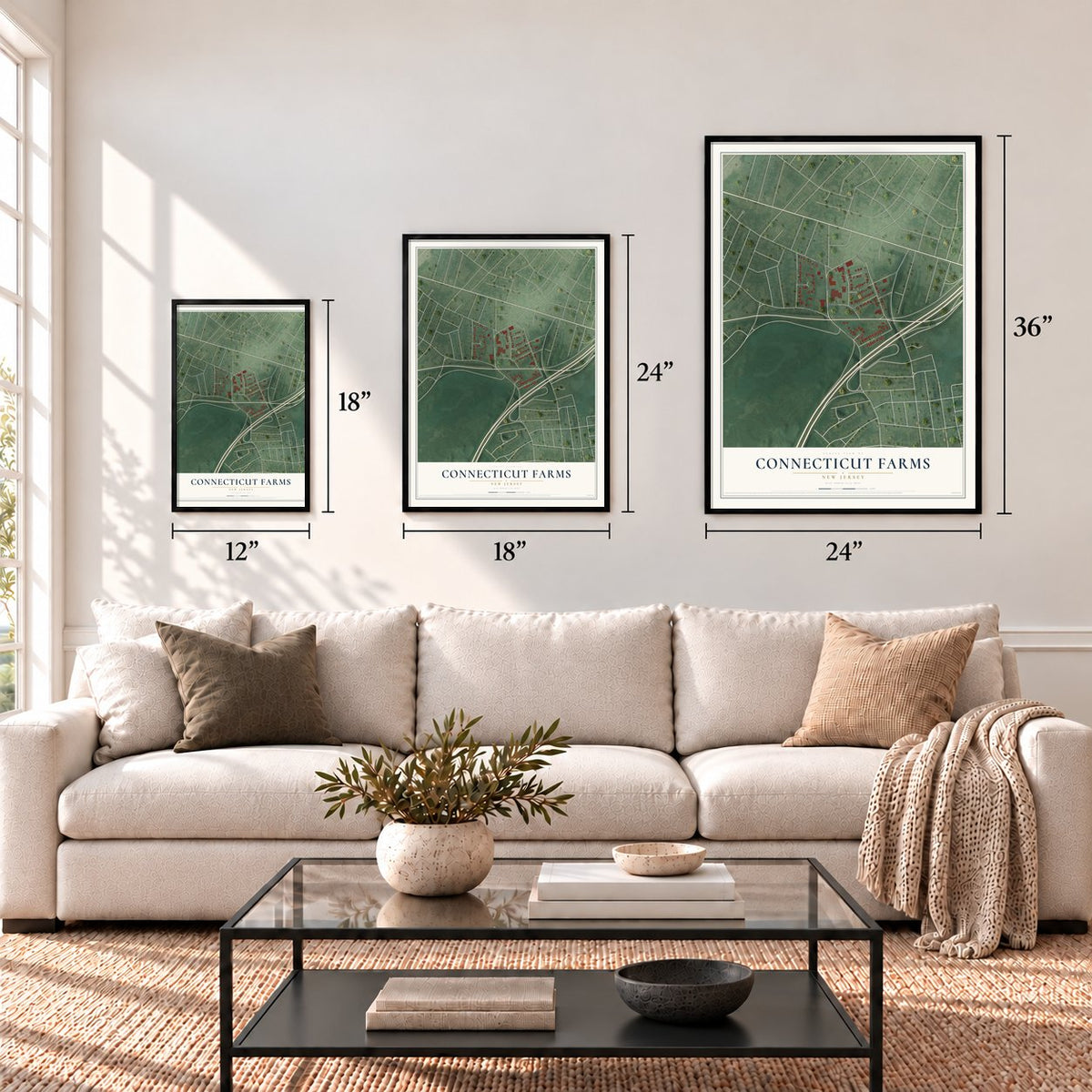 Connecticut Farms, New Jersey map in 12 x 18, 18 x 24 and 24 x 36 inch sizes above a sofa