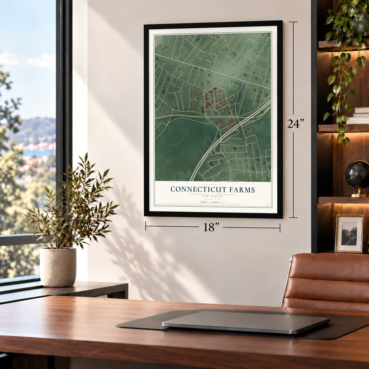 Connecticut Farms, New Jersey map, 18 x 24 inch print in a black frame in a home office