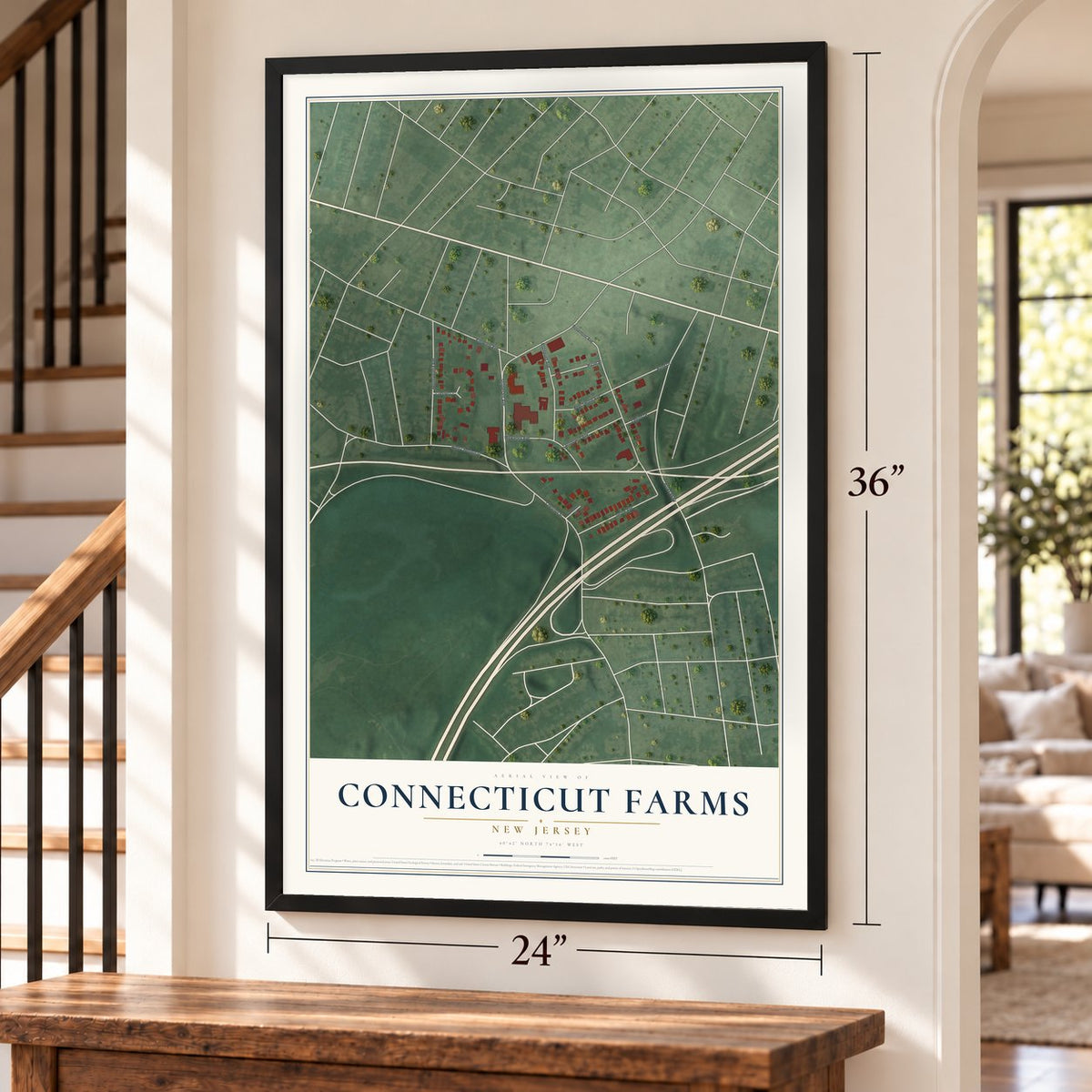 Connecticut Farms, New Jersey map, 24 x 36 inch print in a black frame by a staircase