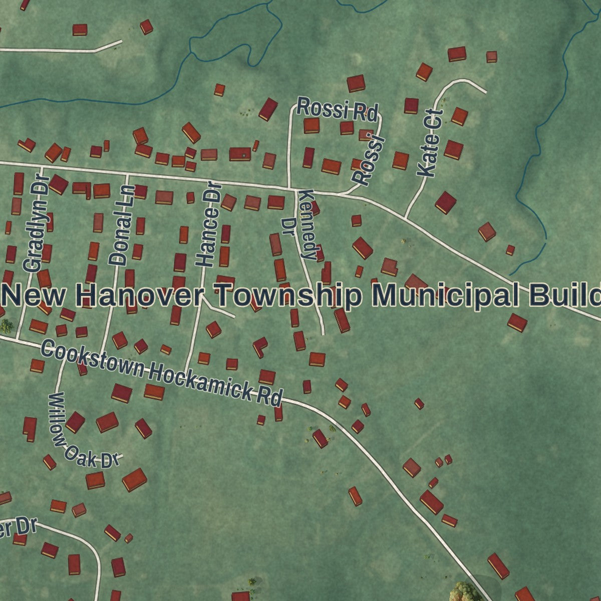 Close-up of the map of Cookstown, New Jersey print showing street and building detail