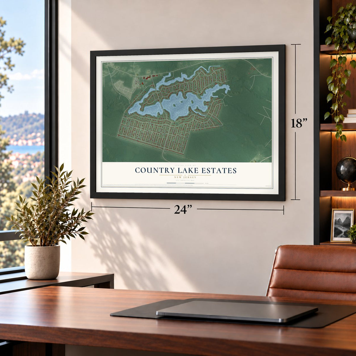 Country Lake Estates, New Jersey map, 18 x 24 inch print in a black frame in a home office