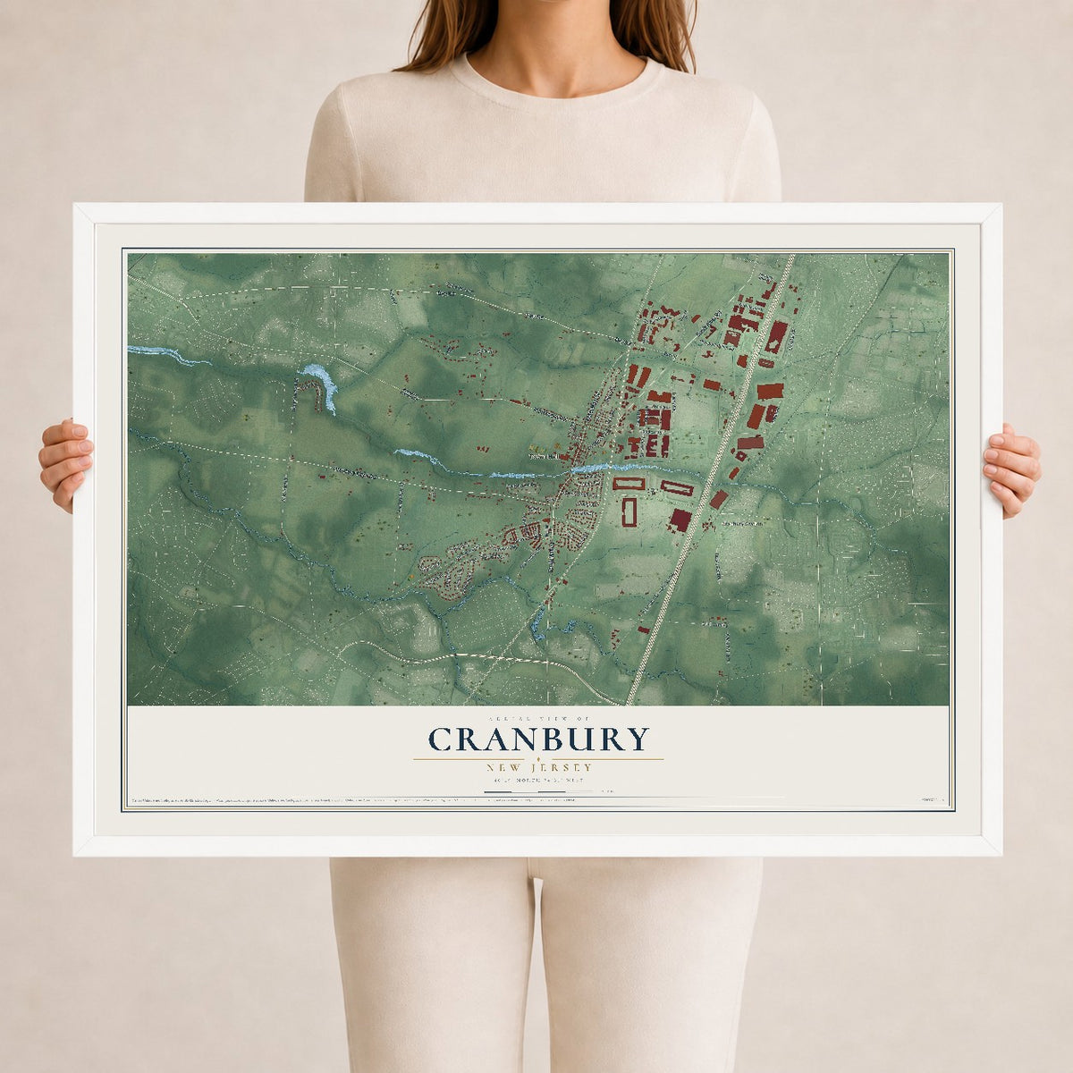 Cranbury, New Jersey map print, 24" x 36" W/ White Ayous Wood Frame mockup