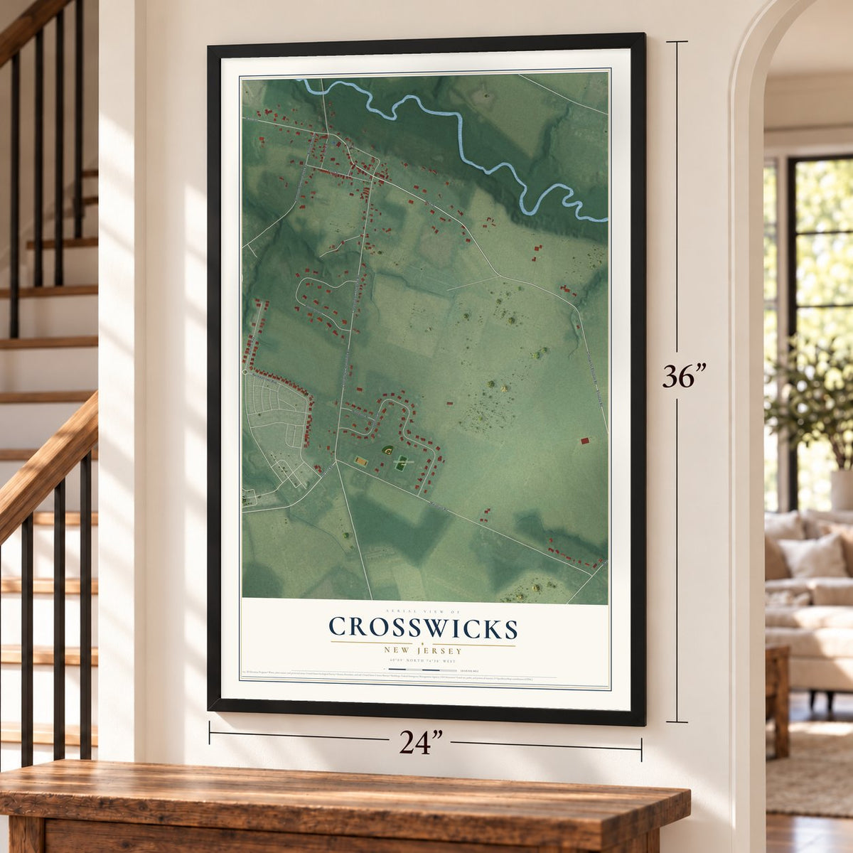 Crosswicks, New Jersey map, 24 x 36 inch print in a black frame by a staircase