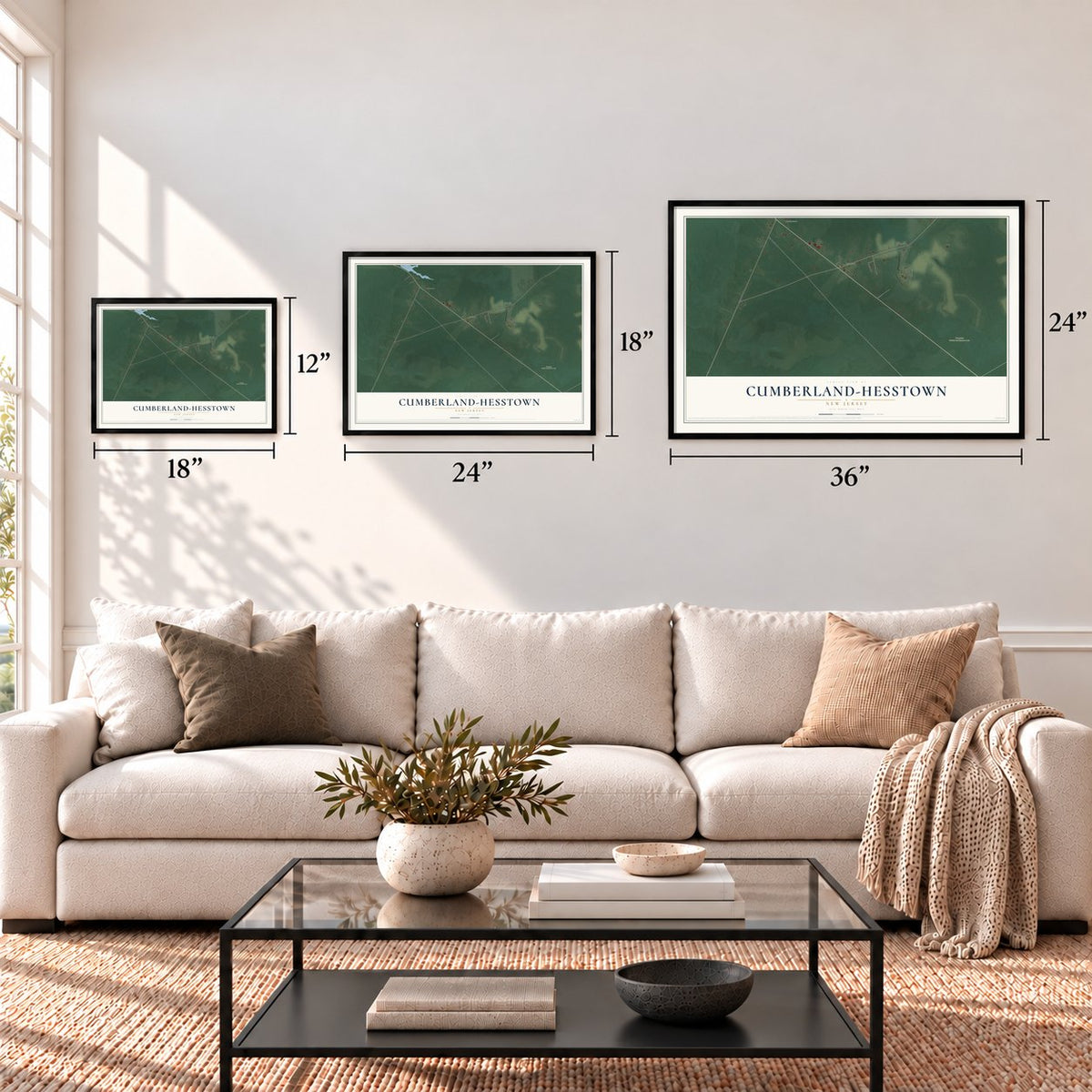 Cumberland-Hesstown, New Jersey map in 12 x 18, 18 x 24 and 24 x 36 inch sizes above a sofa