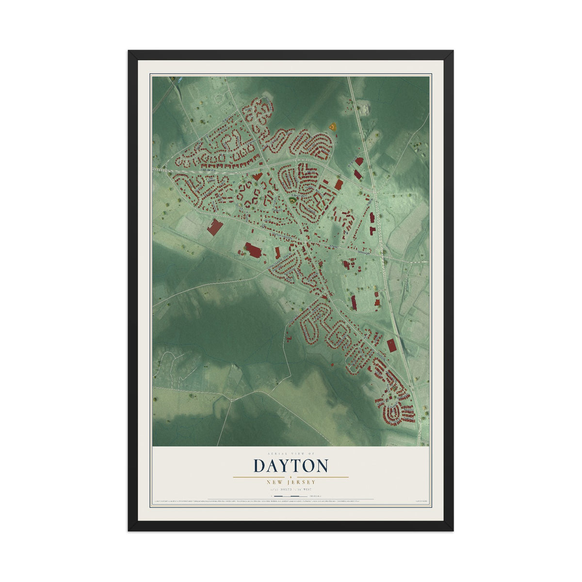Dayton, New Jersey map print, 12" x 18" W/ Black Ayous Wood Frame mockup