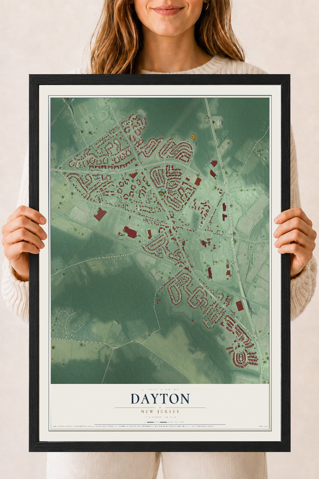 Dayton, New Jersey map print, 18" x 24" W/ Black Ayous Wood Frame mockup