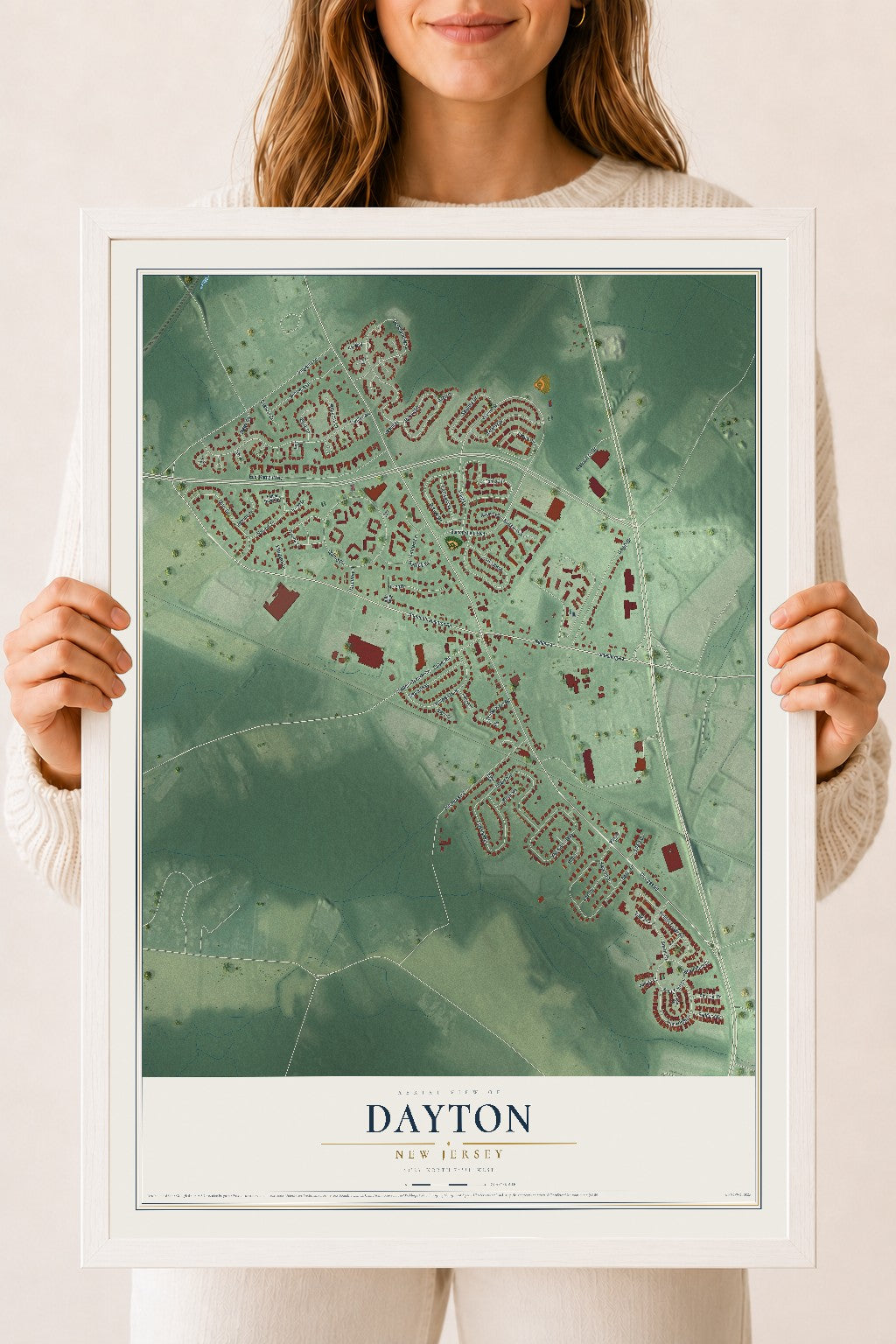 Dayton, New Jersey map print, 18" x 24" W/ White Ayous Wood Frame mockup