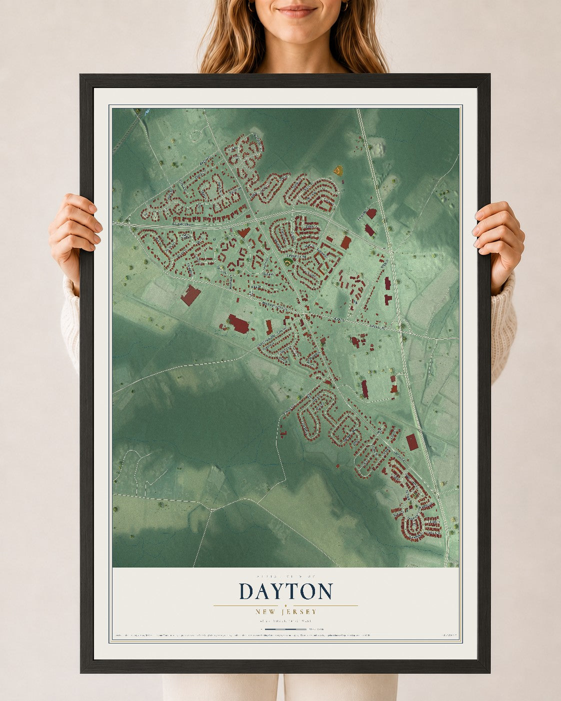 Dayton, New Jersey map print, 24" x 36" W/ Black Ayous Wood Frame mockup