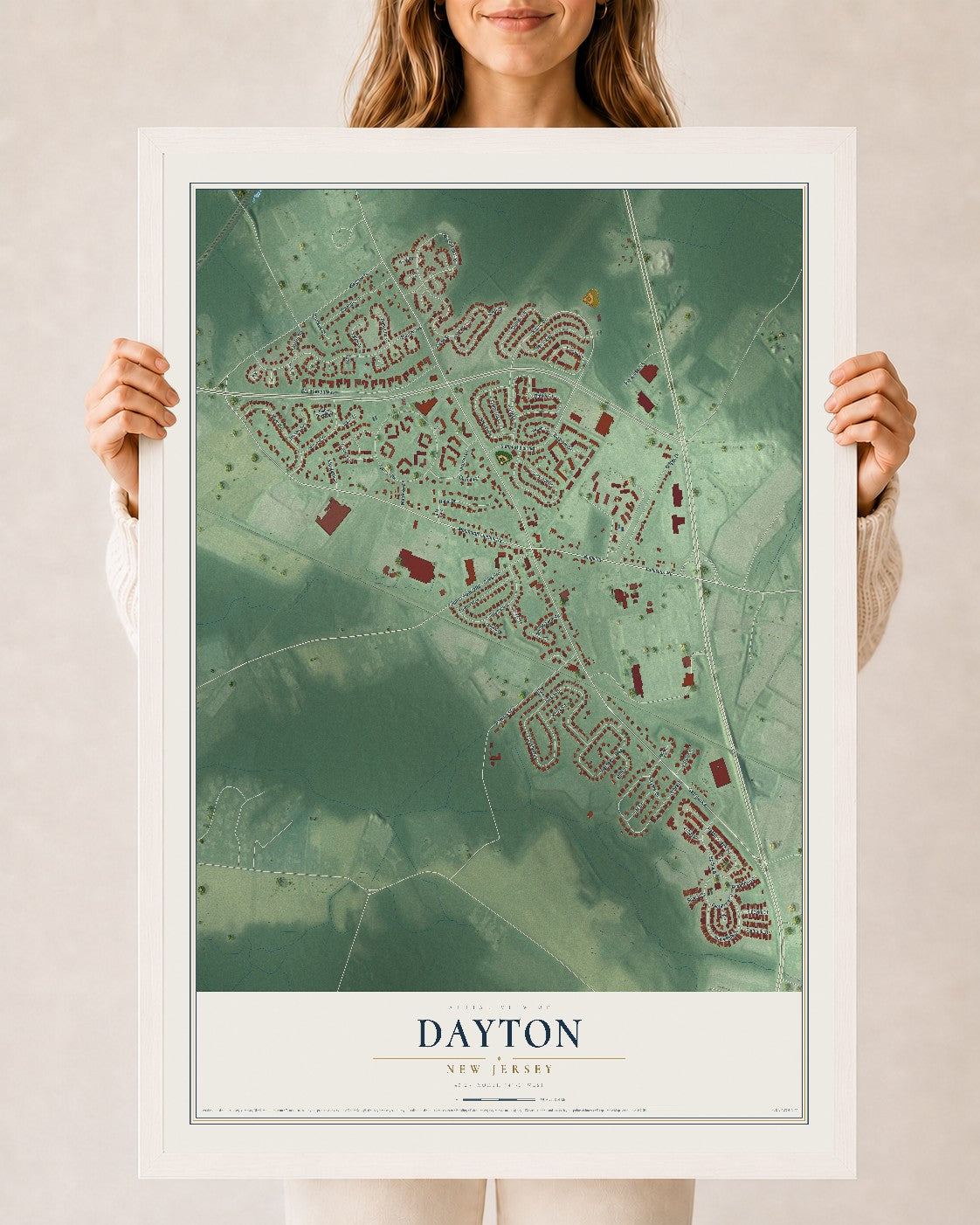 Dayton, New Jersey map print, 24" x 36" W/ White Ayous Wood Frame mockup