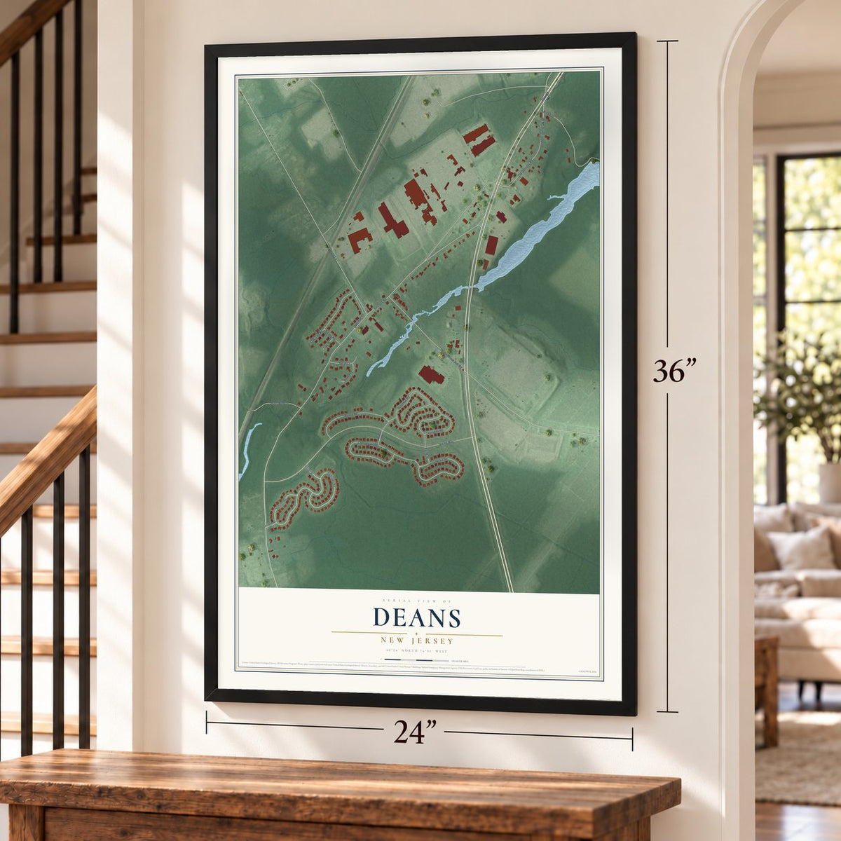 Deans, New Jersey map, 24 x 36 inch print in a black frame by a staircase