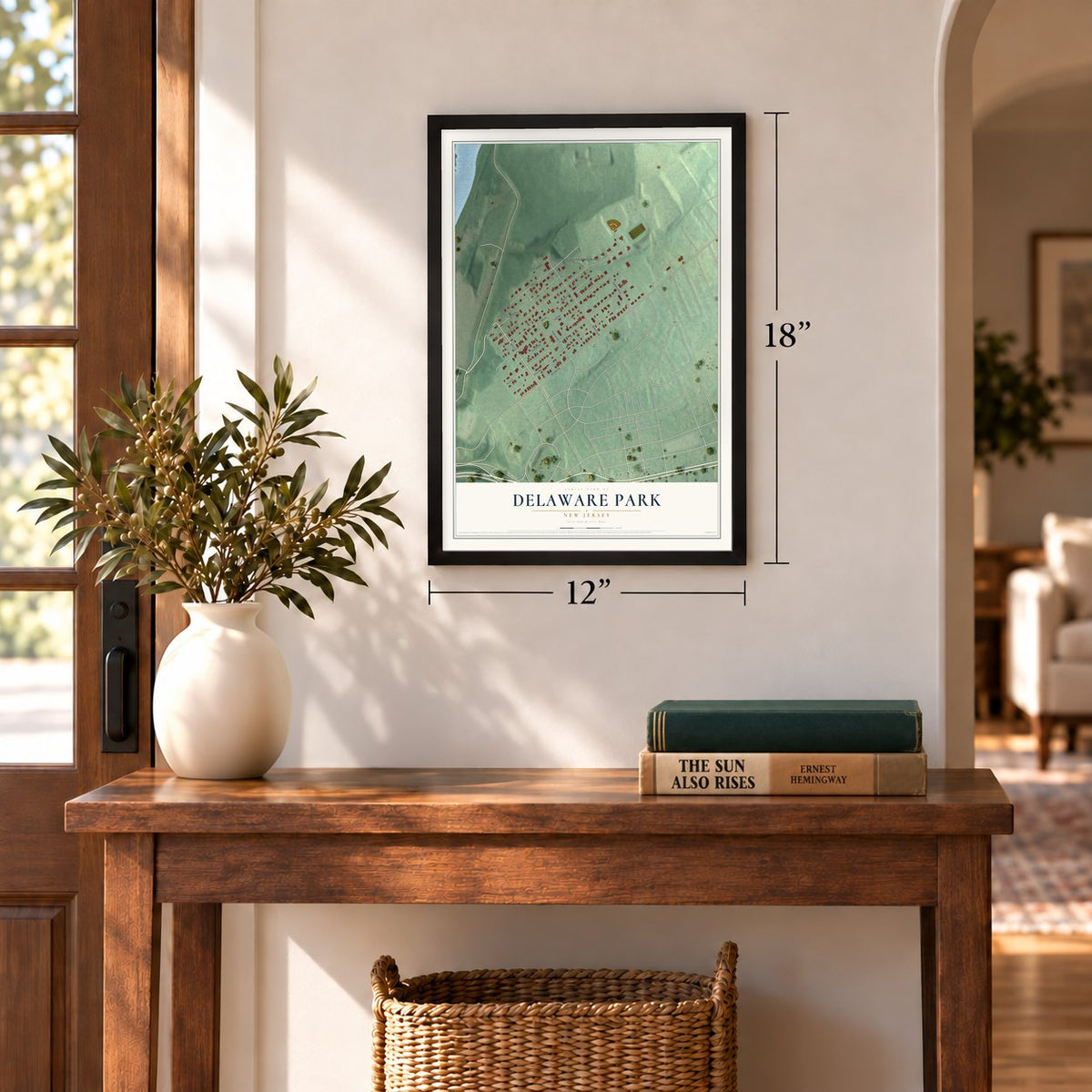 Delaware Park, New Jersey map, 12 x 18 inch print in a black frame in an entryway