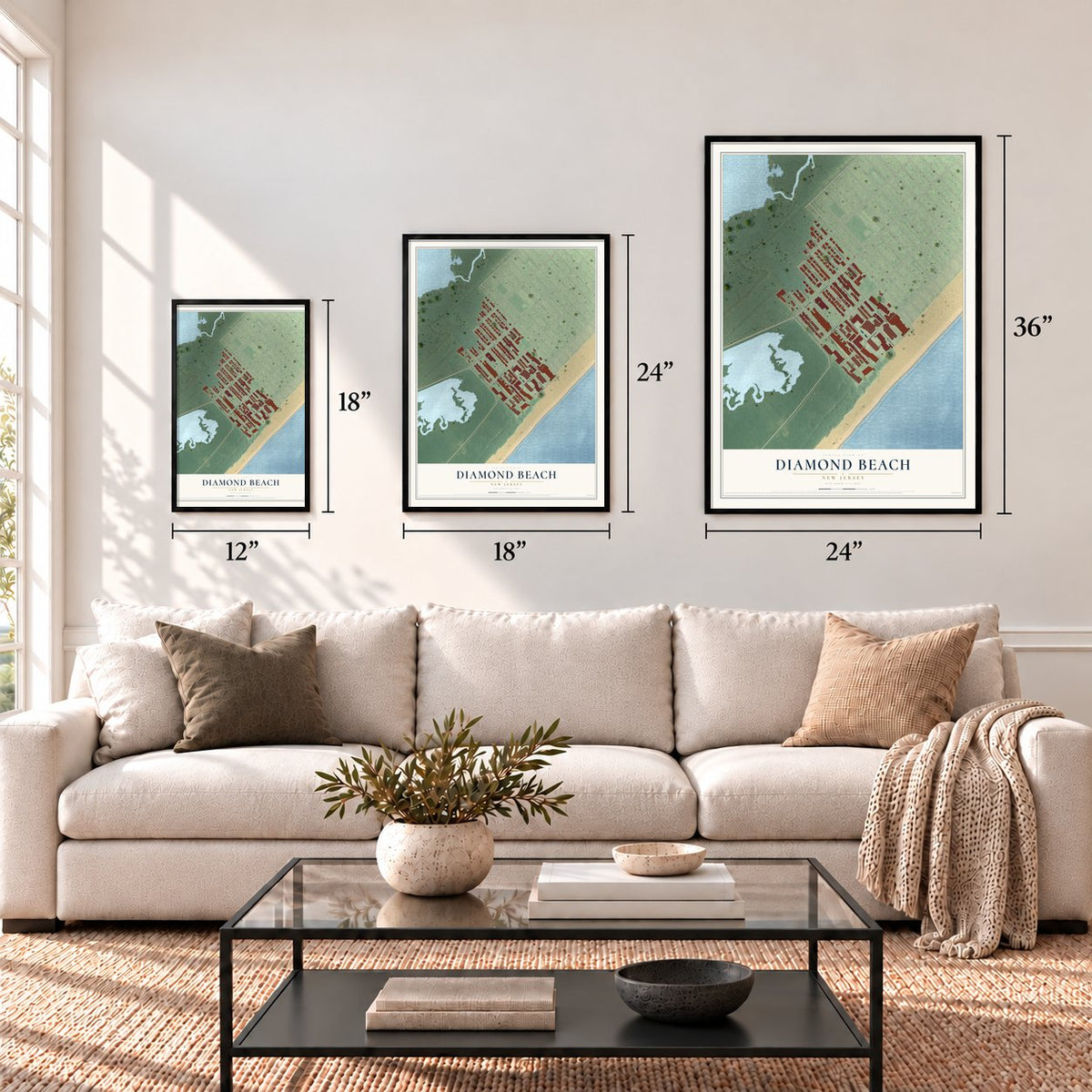 Diamond Beach, New Jersey map in 12 x 18, 18 x 24 and 24 x 36 inch sizes above a sofa