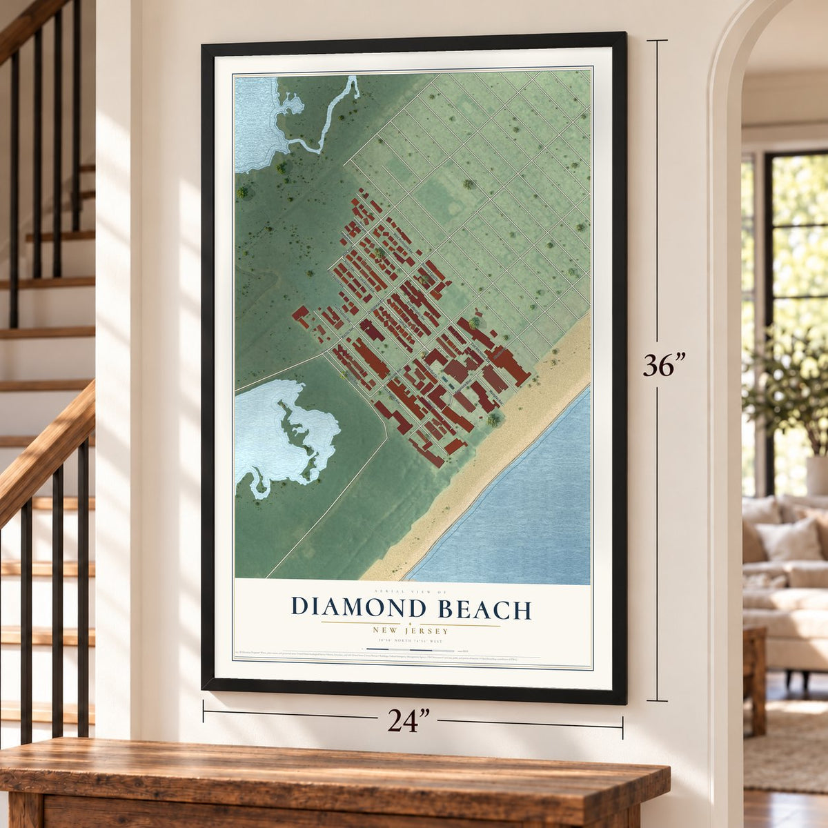 Diamond Beach, New Jersey map, 24 x 36 inch print in a black frame by a staircase