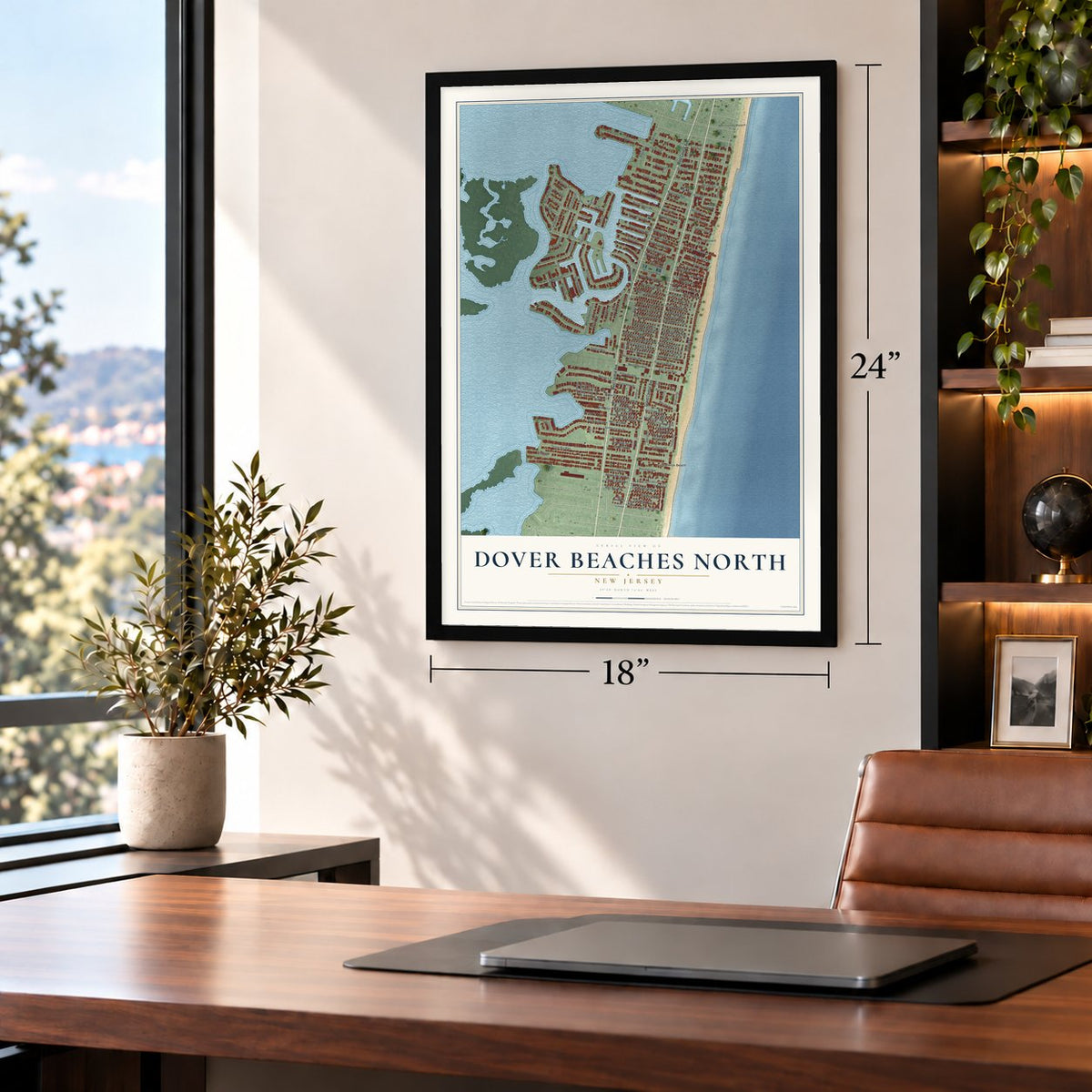 Dover Beaches North, New Jersey map, 18 x 24 inch print in a black frame in a home office