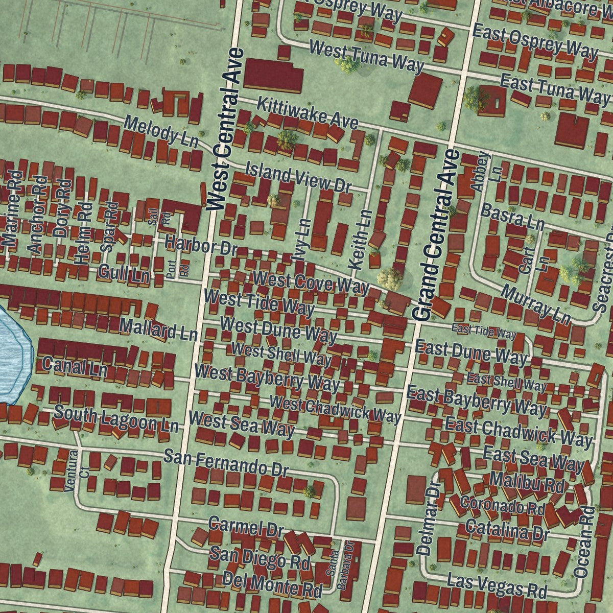 Close-up of the map of Dover Beaches North, New Jersey print showing street and building detail
