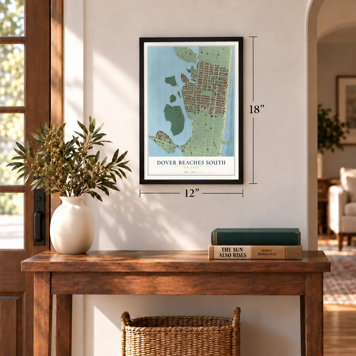 Dover Beaches South, New Jersey map, 12 x 18 inch print in a black frame in an entryway