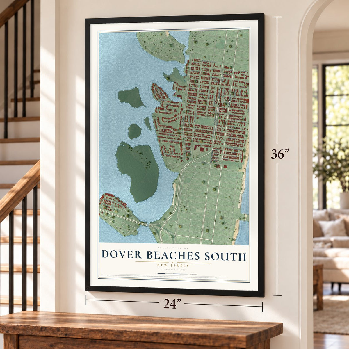 Dover Beaches South, New Jersey map, 24 x 36 inch print in a black frame by a staircase