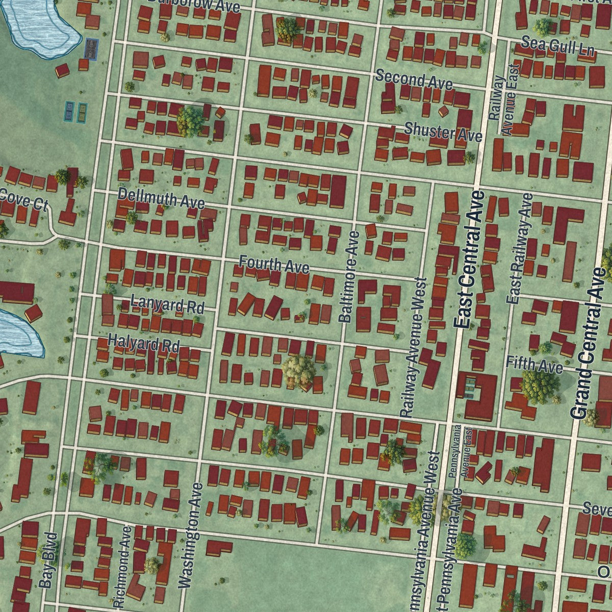 Close-up of the map of Dover Beaches South, New Jersey print showing street and building detail