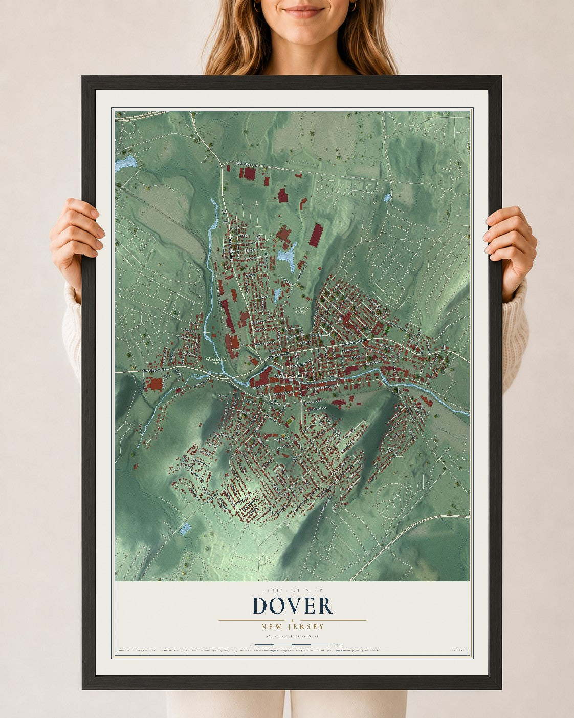 Dover, New Jersey map print, 24" x 36" W/ Black Ayous Wood Frame mockup