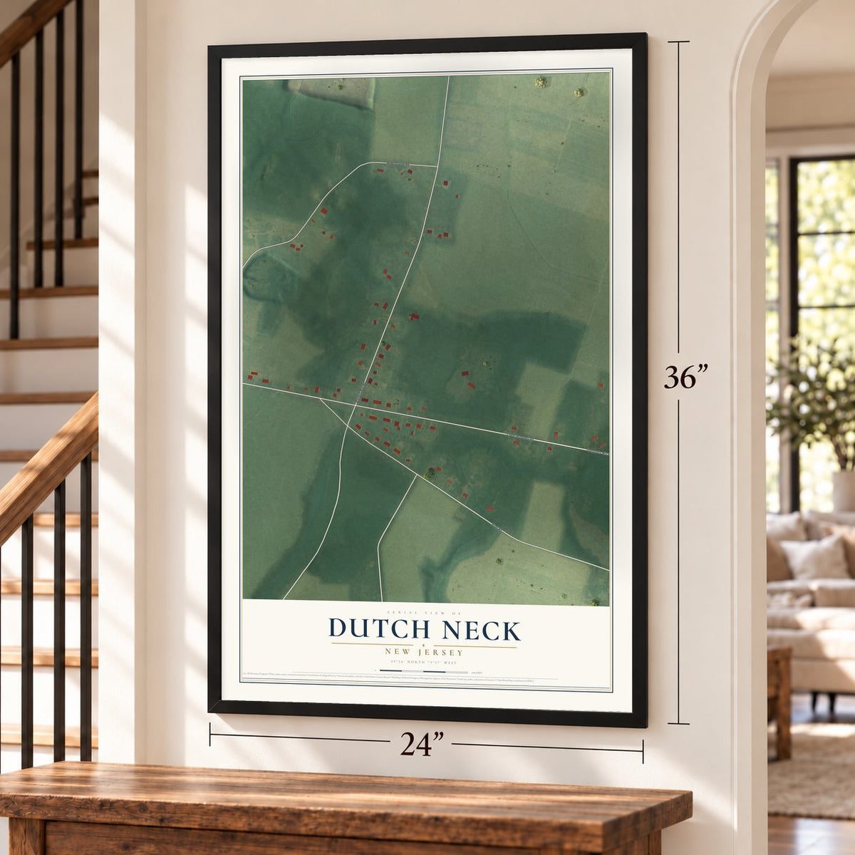 Dutch Neck, New Jersey map, 24 x 36 inch print in a black frame by a staircase