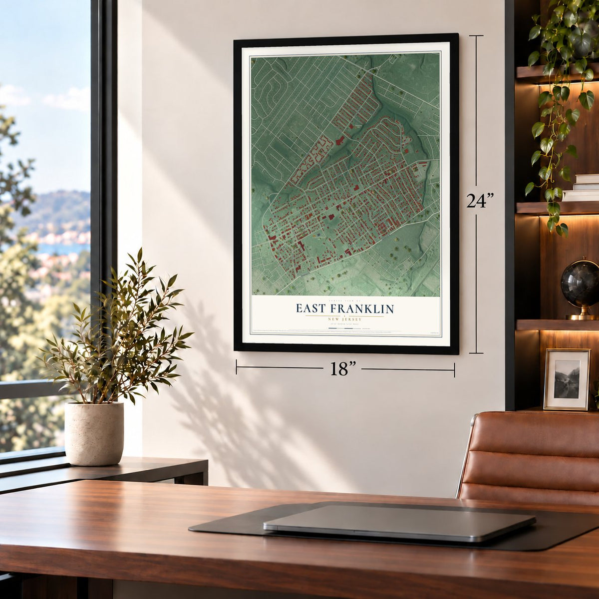 East Franklin, New Jersey map, 18 x 24 inch print in a black frame in a home office