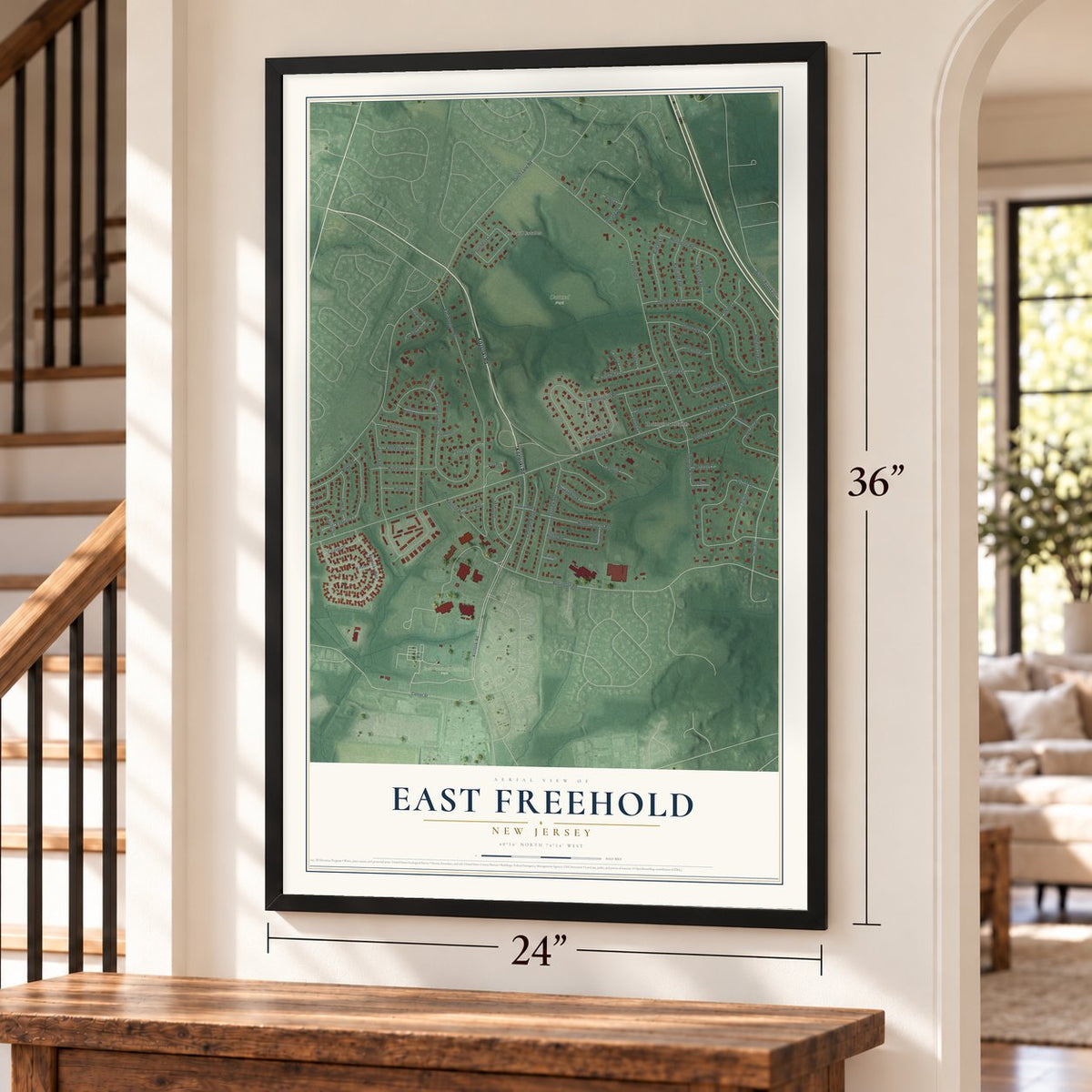 East Freehold, New Jersey map, 24 x 36 inch print in a black frame by a staircase