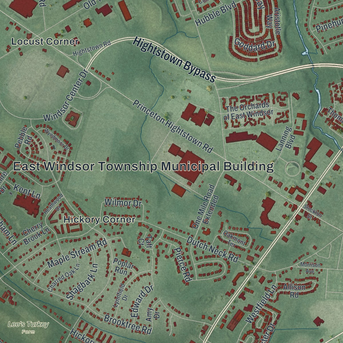Close-up 1 of the East Windsor, New Jersey map artwork