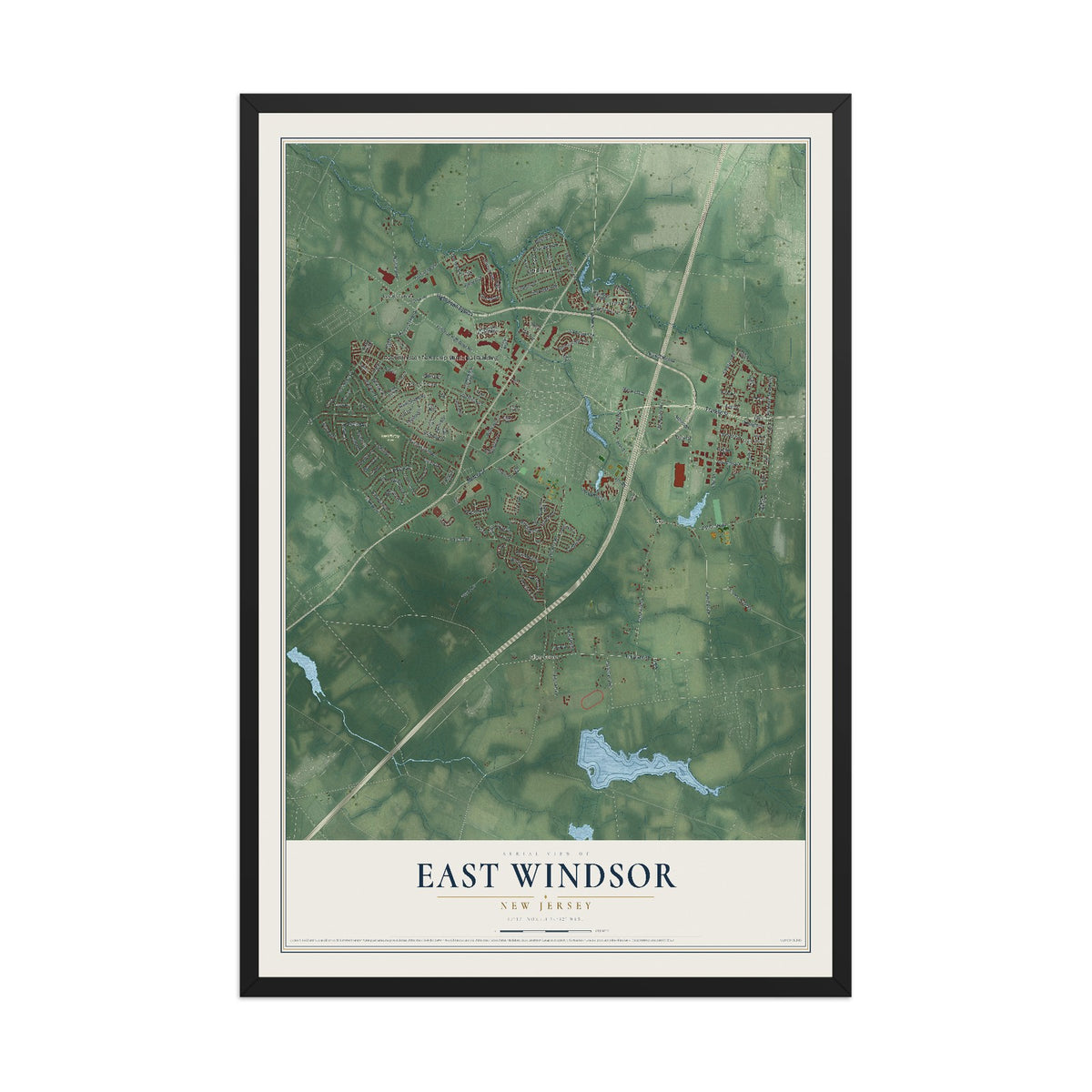 East Windsor, New Jersey map print, 12" x 18" W/ Black Ayous Wood Frame mockup