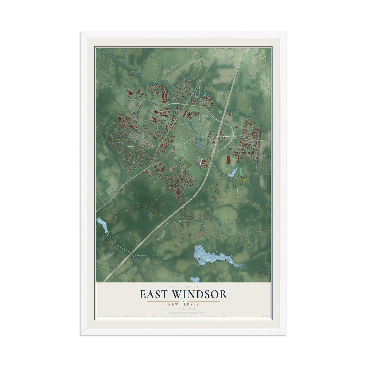 East Windsor, New Jersey map print, 12" x 18" W/ White Ayous Wood Frame mockup