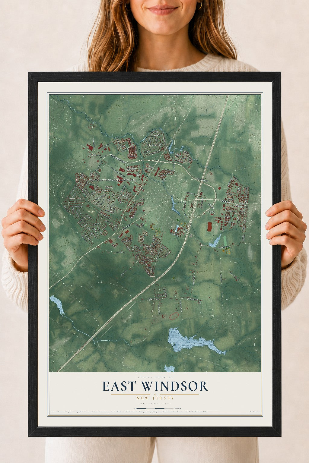East Windsor, New Jersey map print, 18" x 24" W/ Black Ayous Wood Frame mockup