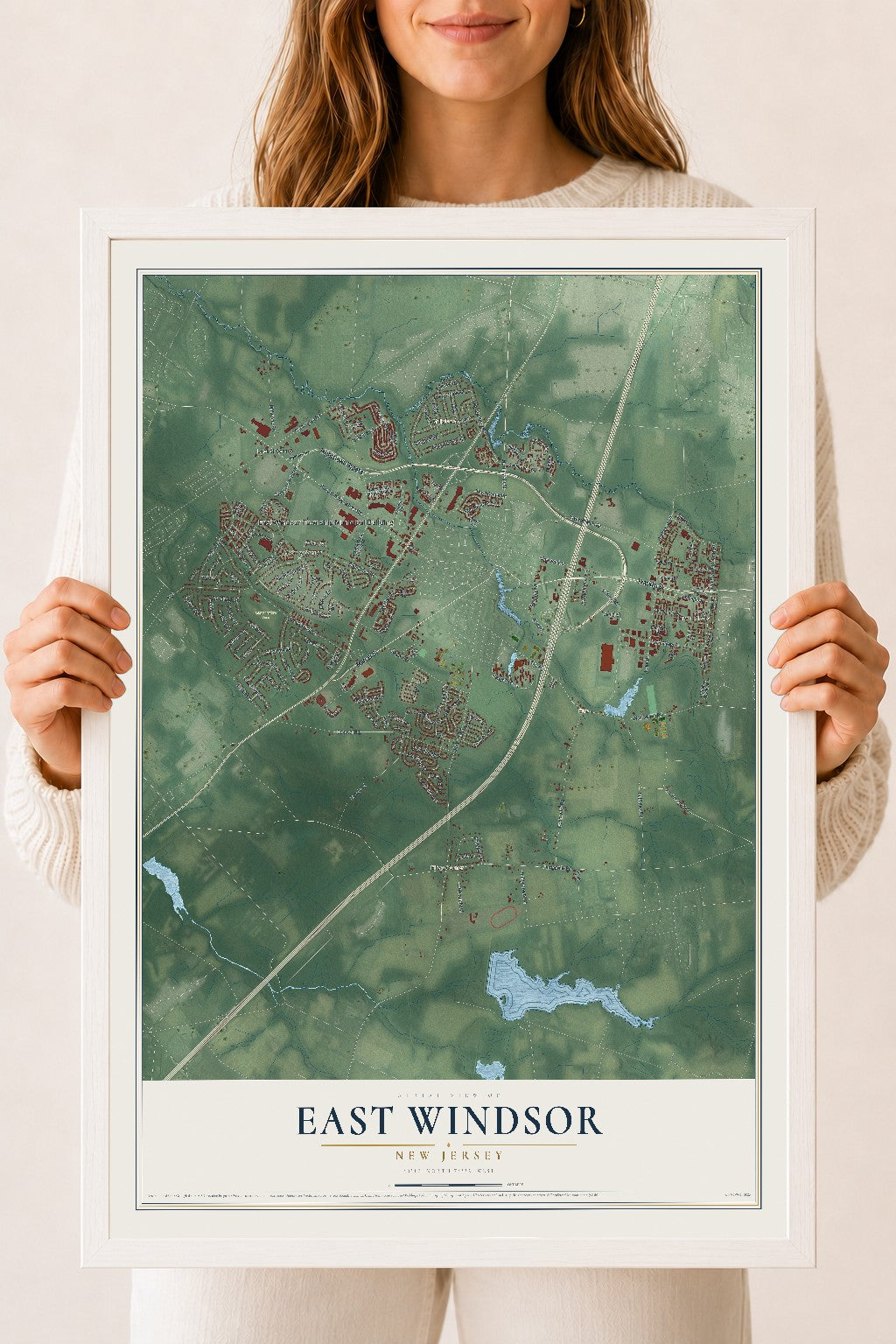 East Windsor, New Jersey map print, 18" x 24" W/ White Ayous Wood Frame mockup