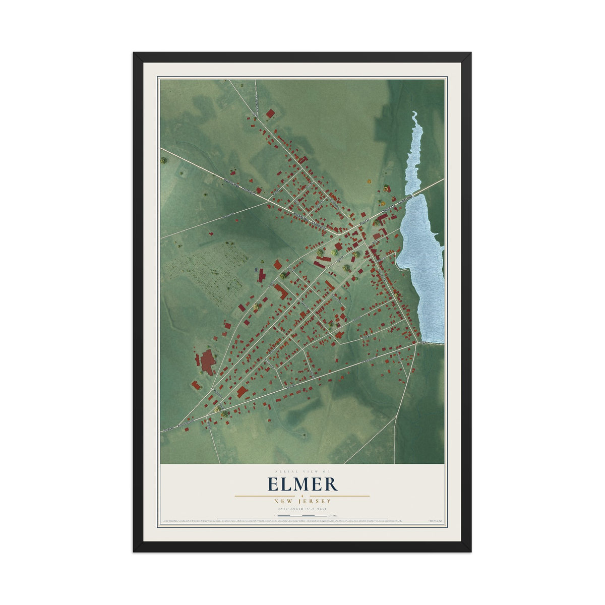 Elmer, New Jersey map print, 12" x 18" W/ Black Ayous Wood Frame mockup