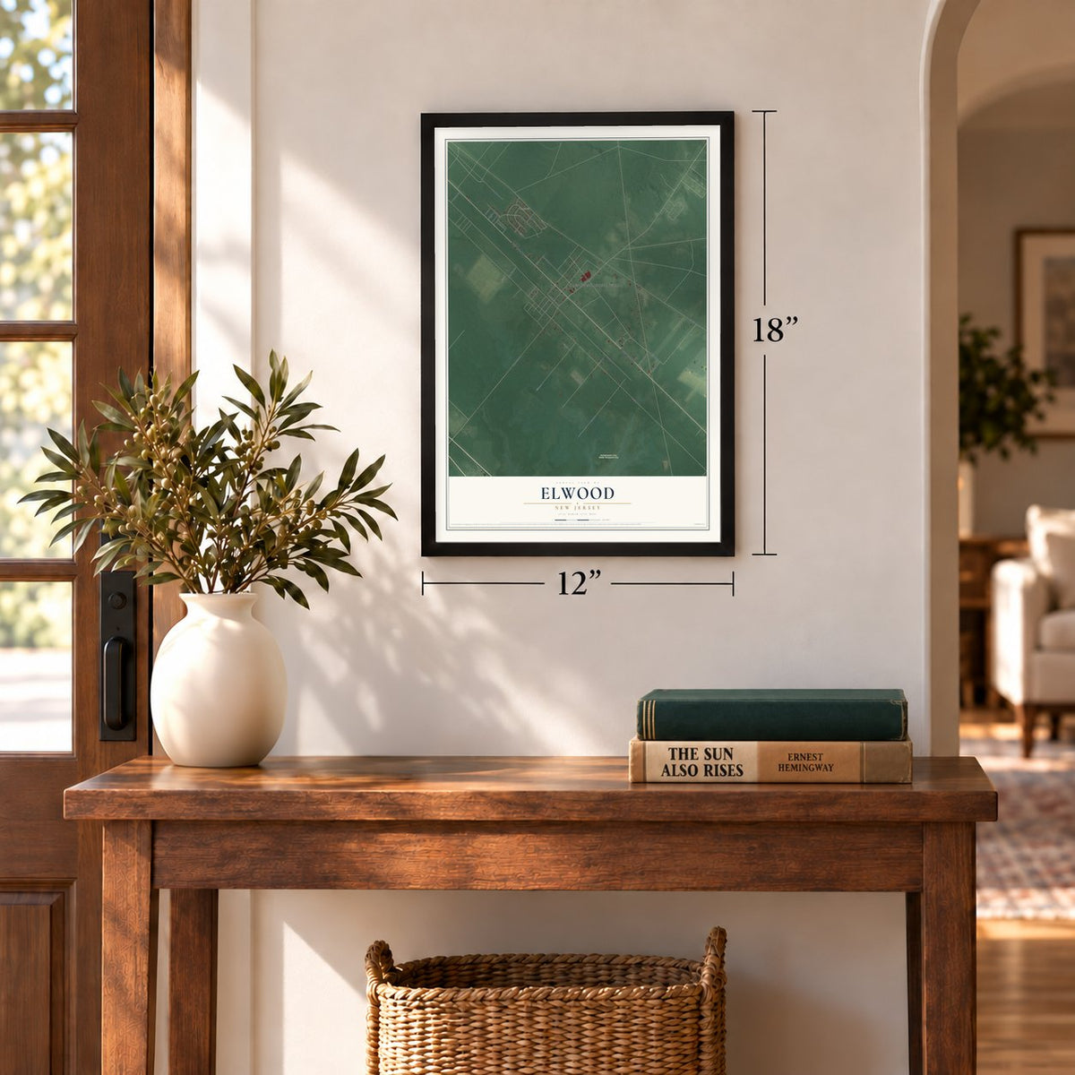 Elwood, New Jersey map, 12 x 18 inch print in a black frame in an entryway